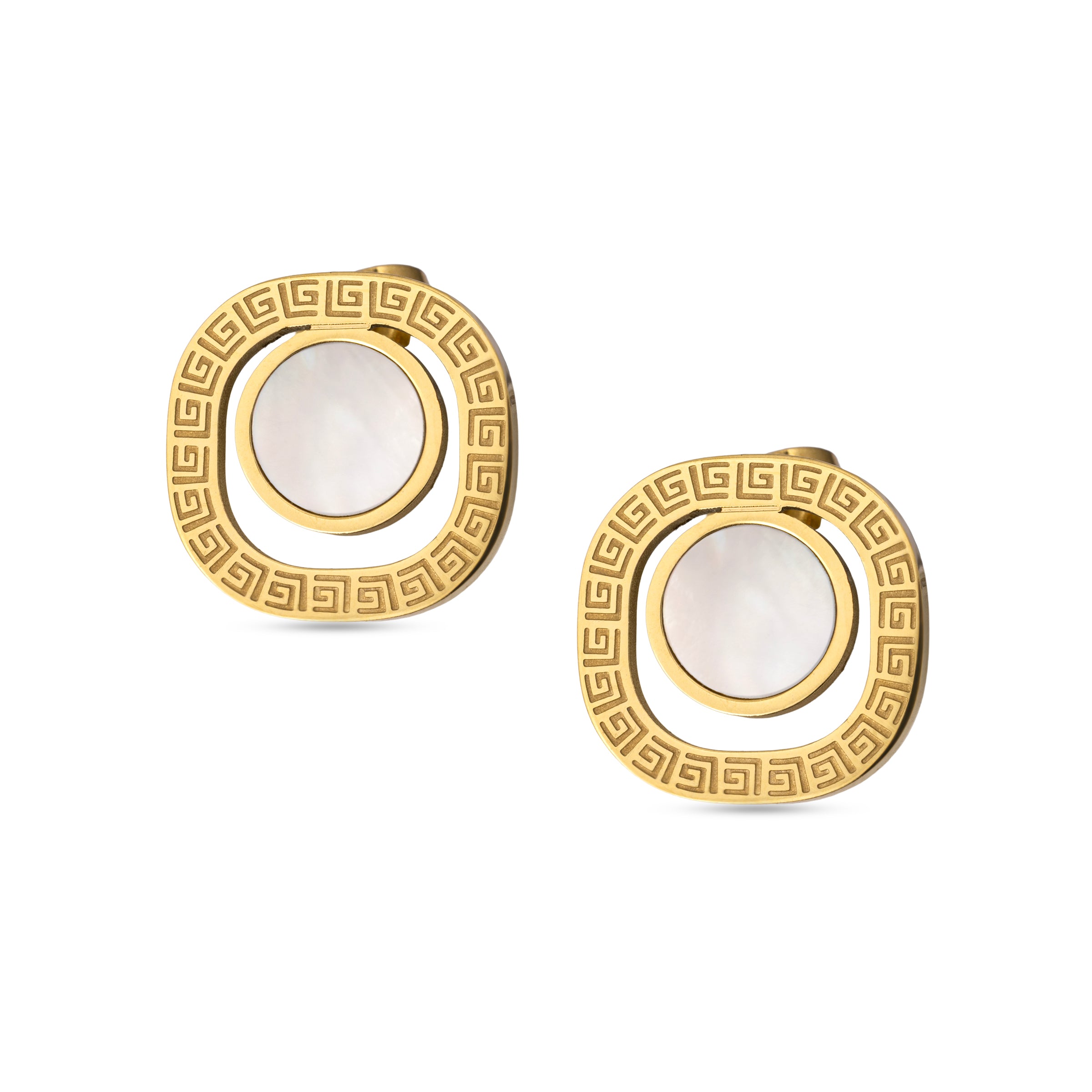 Pair of gold-toned earrings with rounded square frames featuring a Greek key pattern, each holding a white mother-of-pearl di