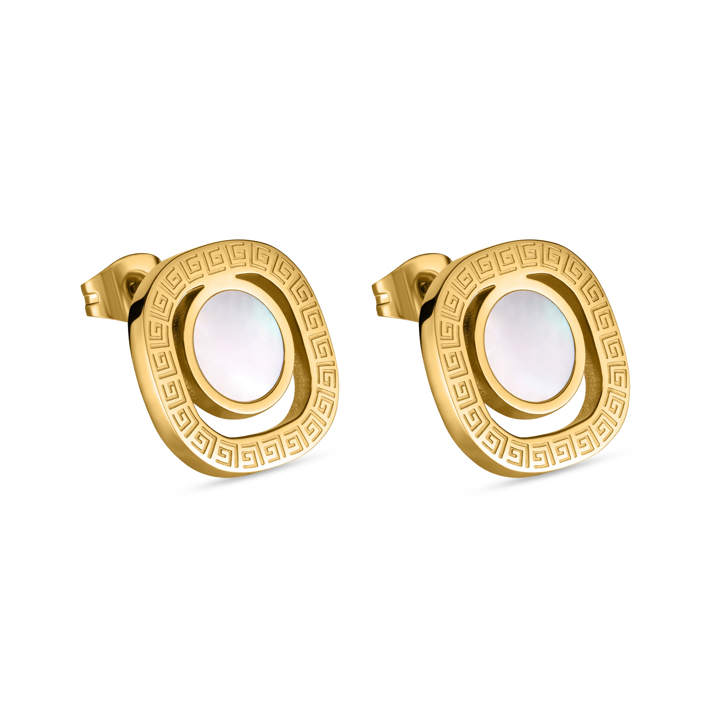 Pair of gold-toned stud earrings with a square, rounded frame featuring a Greek key pattern and a white mother of pearl circu