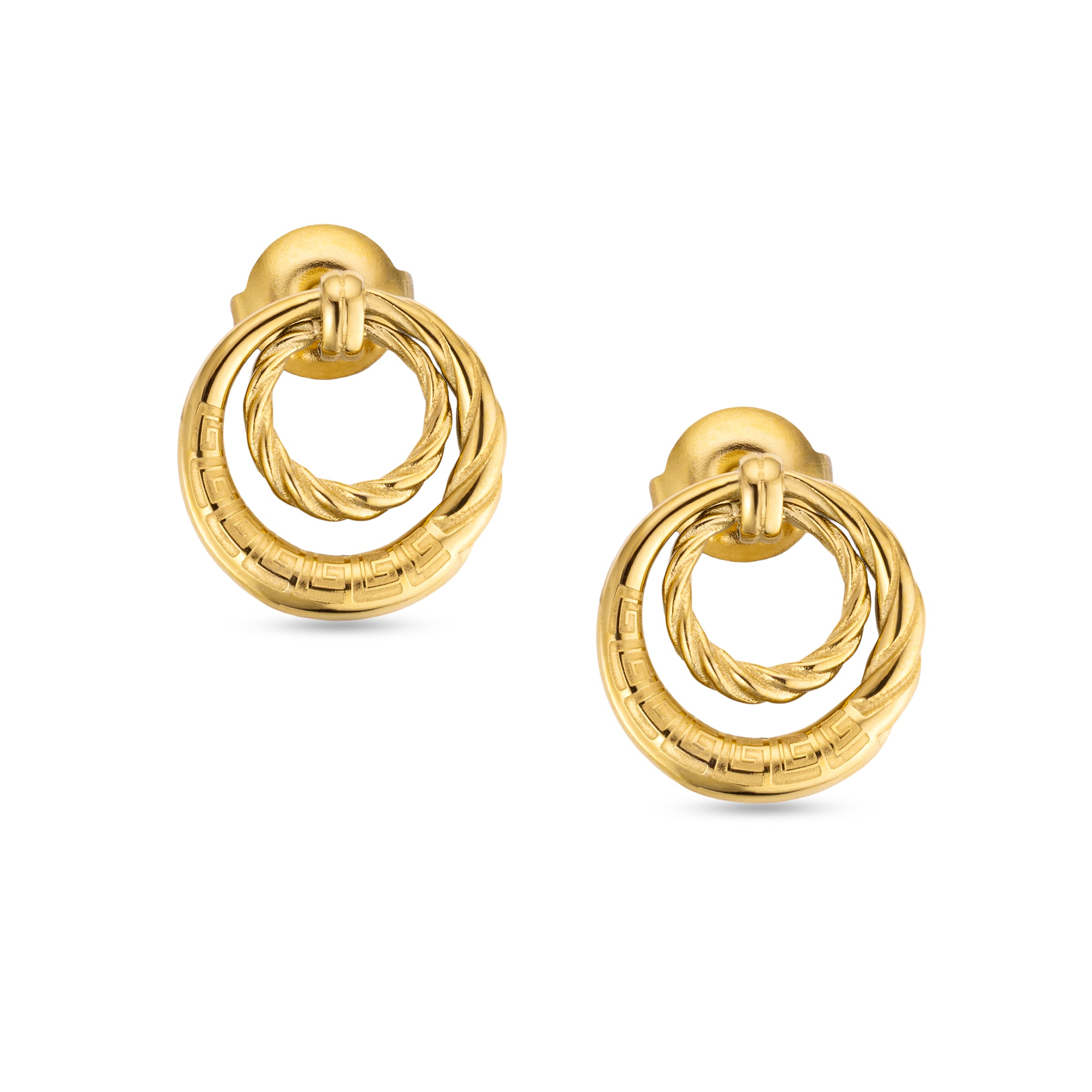 Pair of gold-toned double ring stud earrings. Each earring features an inner twisted ring and an outer ring with a Greek key
