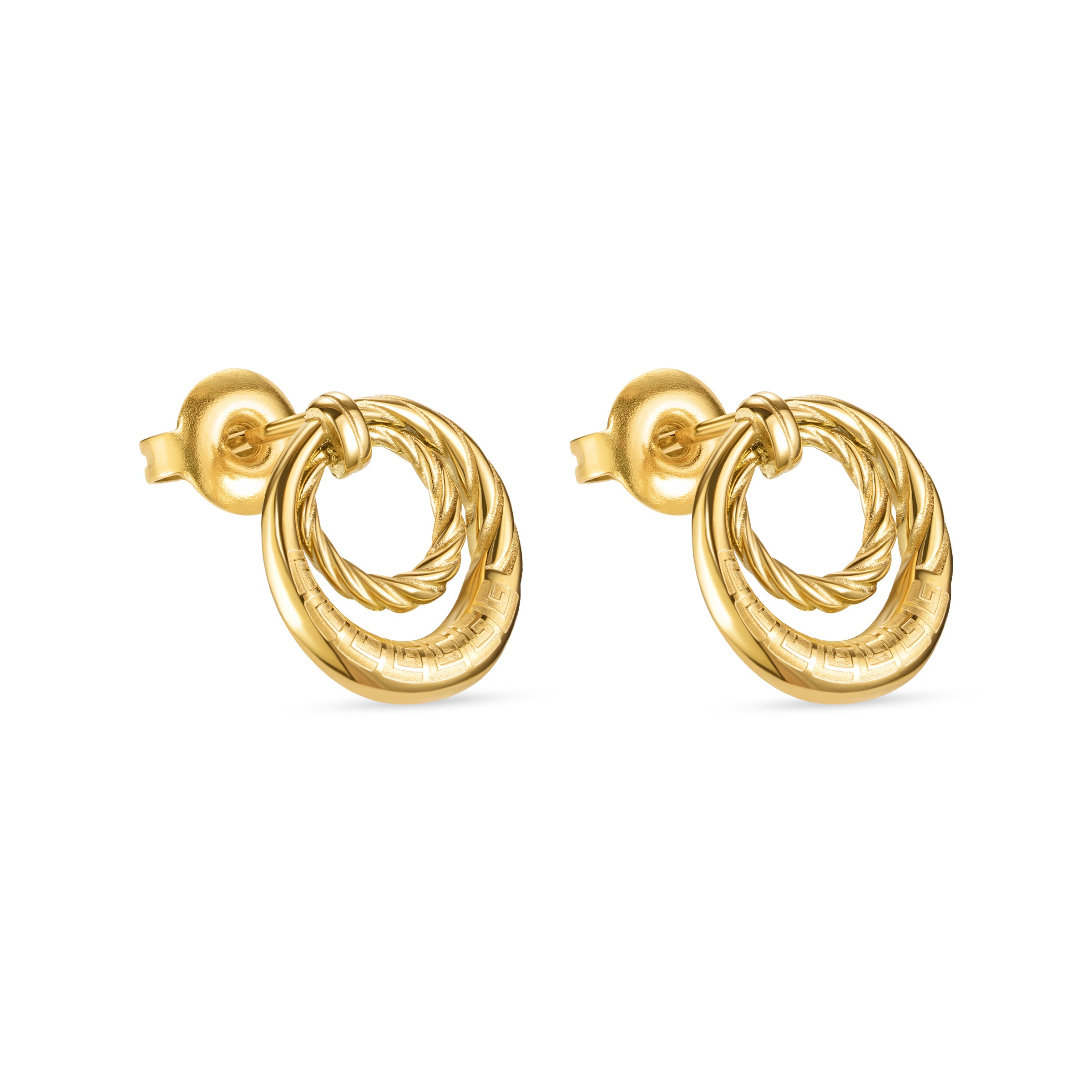 Pair of gold-toned stud earrings, each with nested rings: one twisted, one smooth with a Greek key pattern.