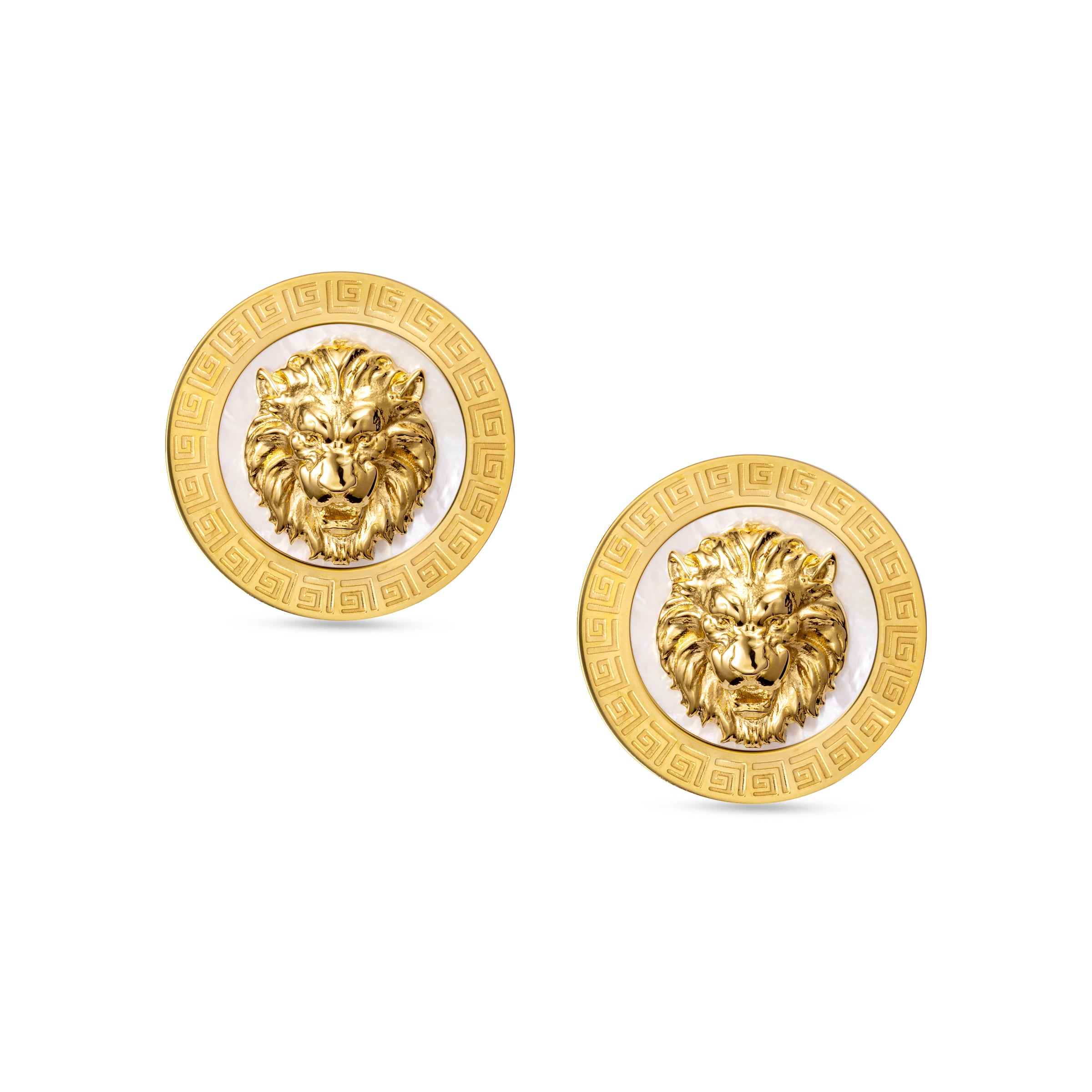 Pair of gold-toned circular stud earrings with a central gold lion head on a white mother-of-pearl inlay, framed by a gold Gr