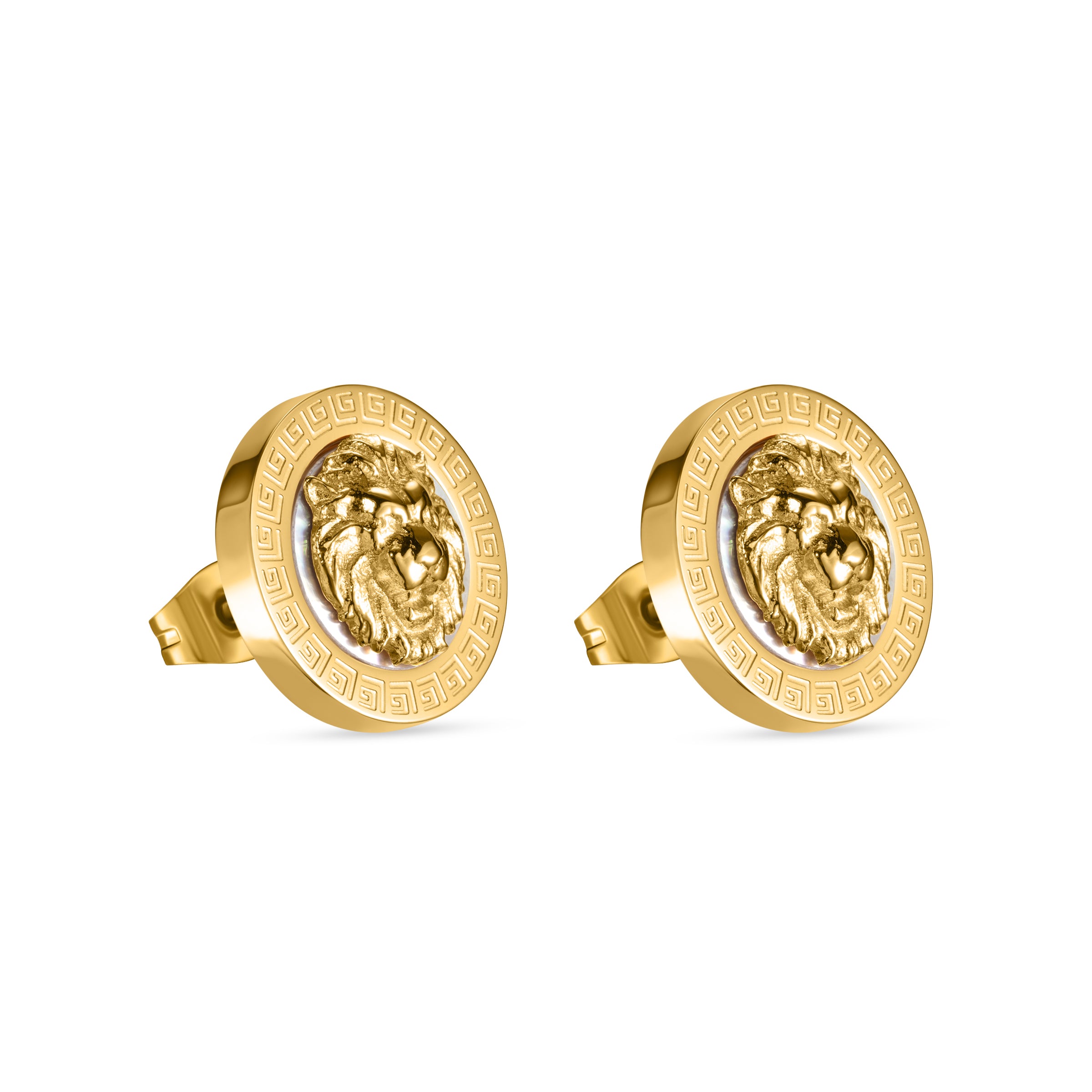 Pair of gold-toned stud earrings, each featuring a raised lion's head on a white background, encircled by a Greek key pattern