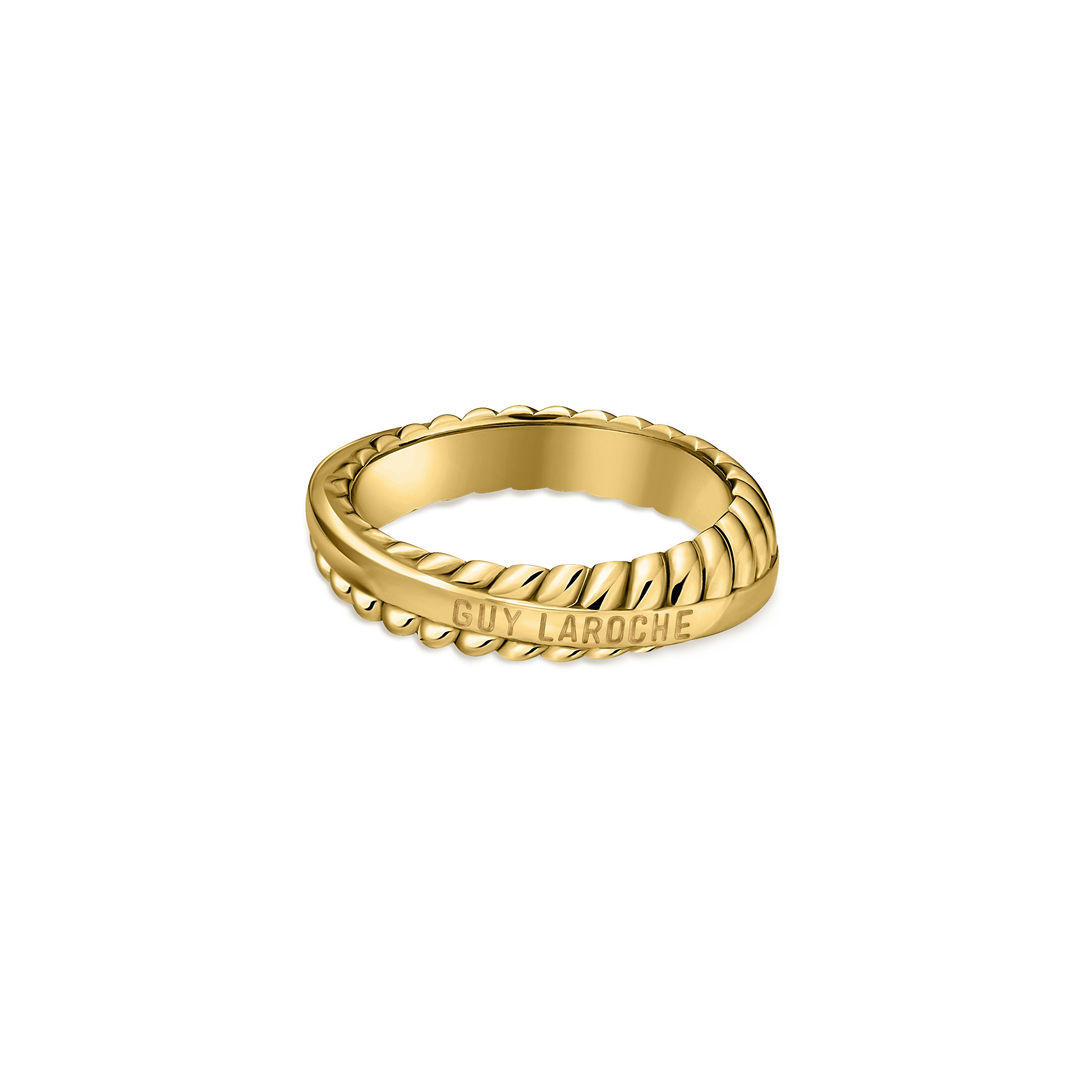 Gold-toned ring with an overlapping twisted rope design and a smooth central band engraved with "GUY LAROCHE". The inner edge
