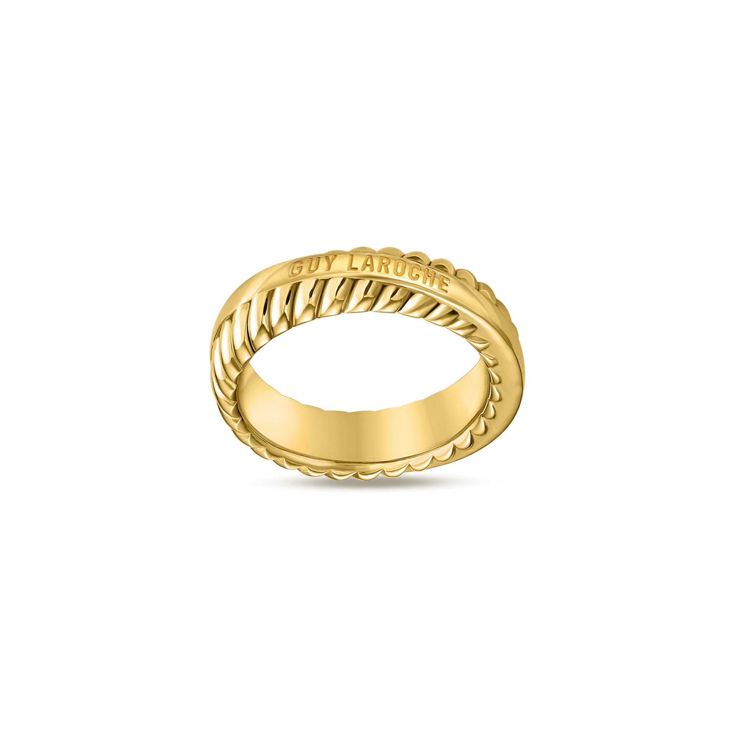 Gold-toned wide band ring with 'GUY LAROCHE' engraving, an overlapping textured pattern, and scalloped edges.