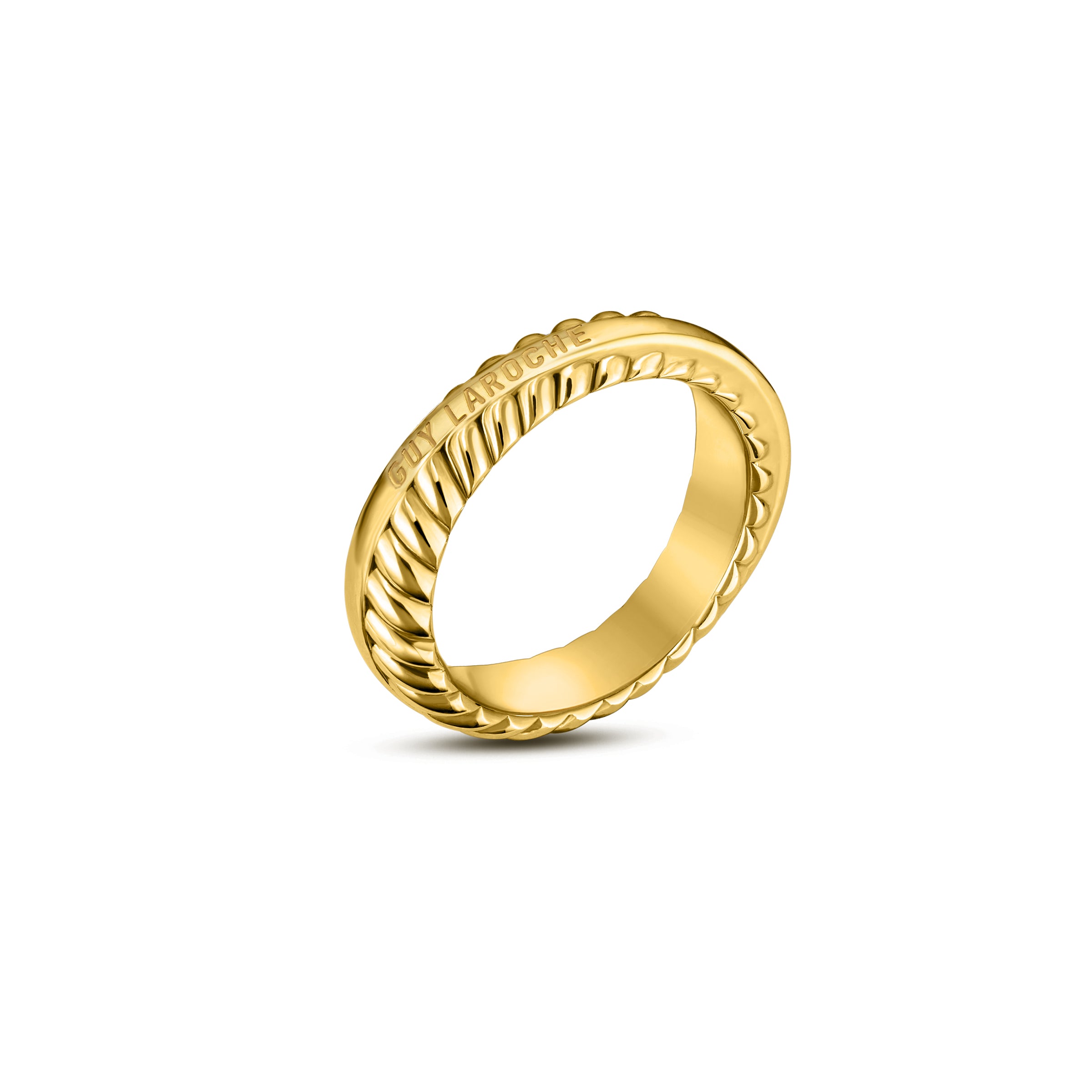 Gold-toned band ring with a braided texture and 'Guy Laroche' embossed logo on a smooth section.
