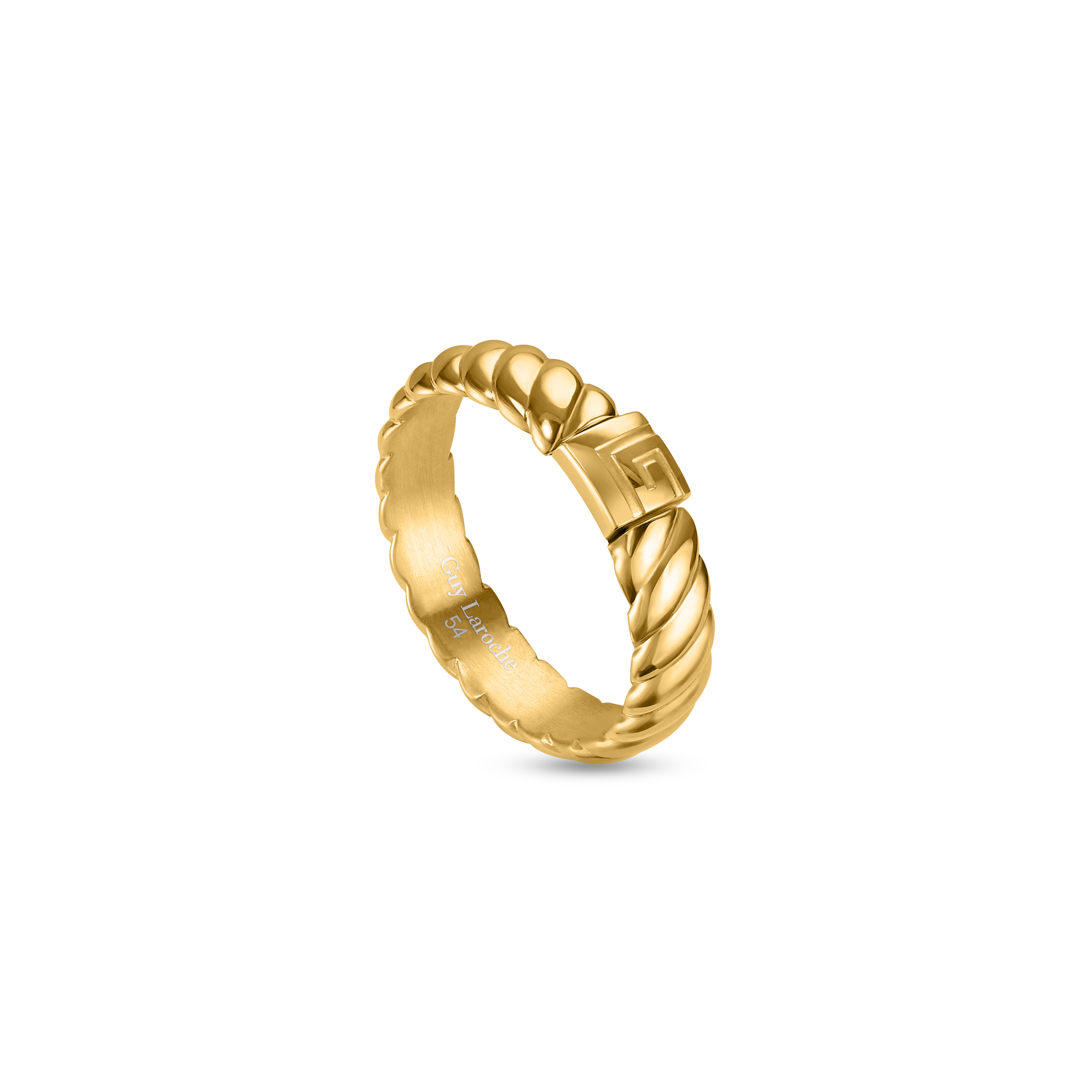 Gold-toned ring with a twisted rope design on one side and a smooth, engraved band on the other, connected by a square 'G' lo
