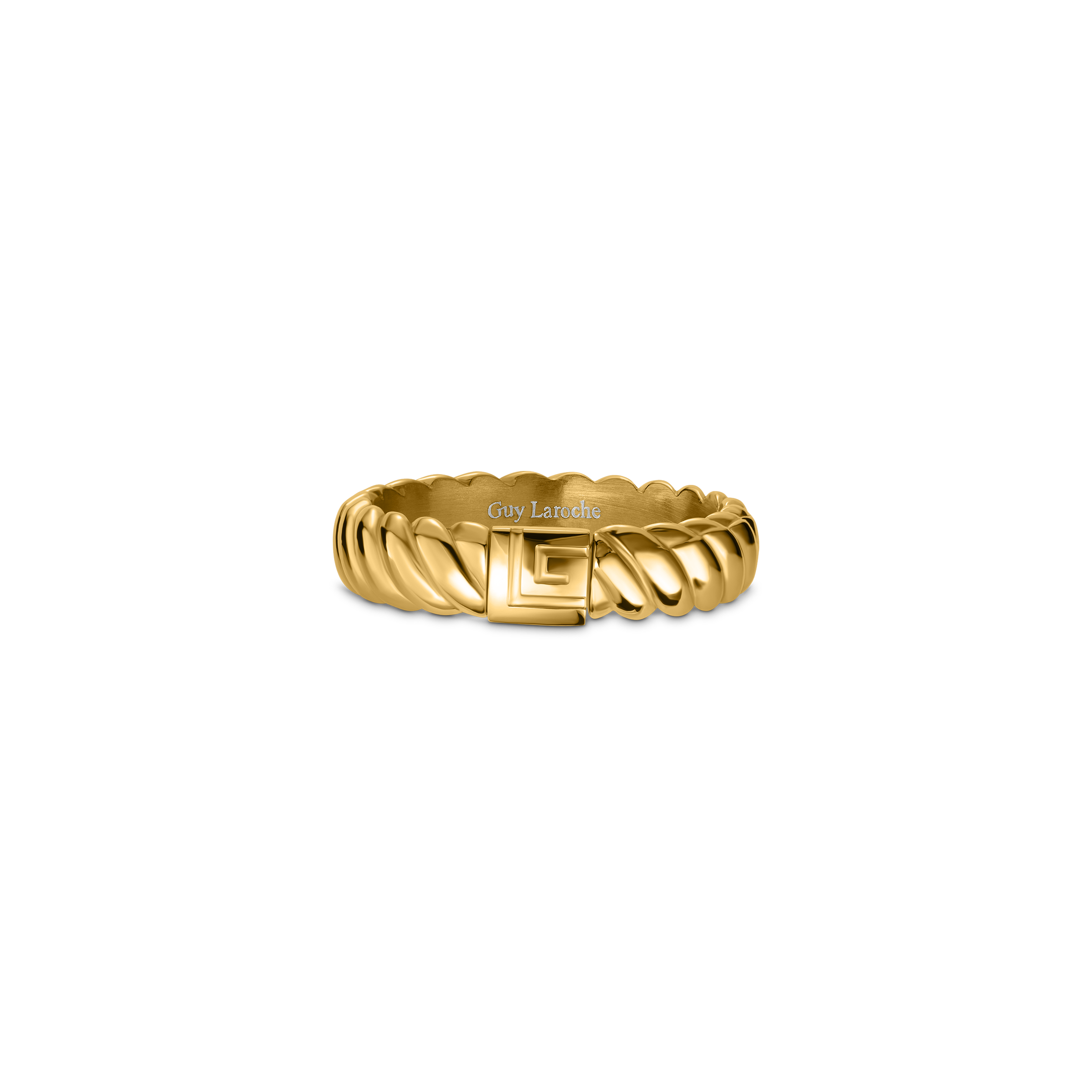 Gold-toned ring with a twisted rope band. A square top features a stylized 'G' logo, and 'Guy Laroche' is engraved on the ban