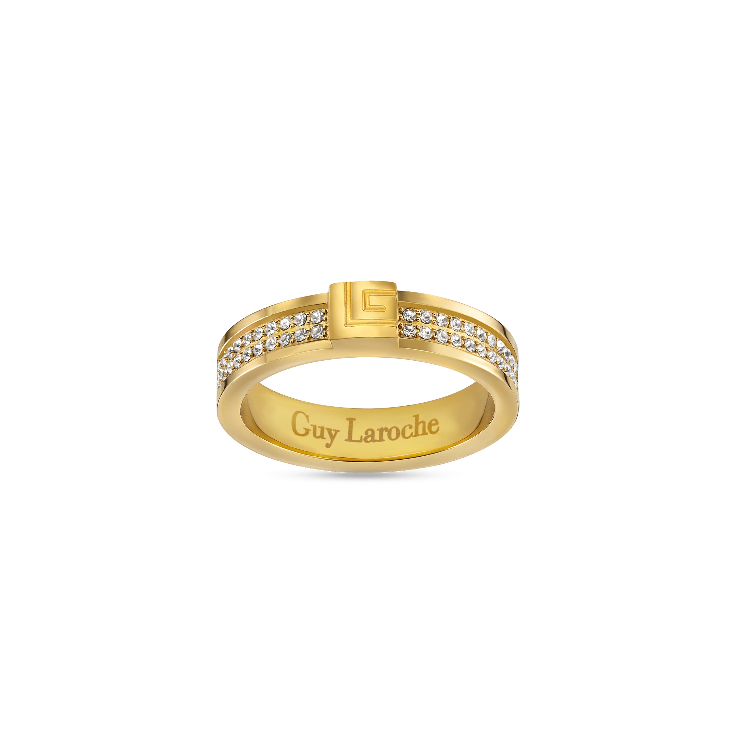 Gold-toned ring with a raised square featuring an etched symbol, flanked by two rows of clear crystals. 'Guy Laroche' engrave