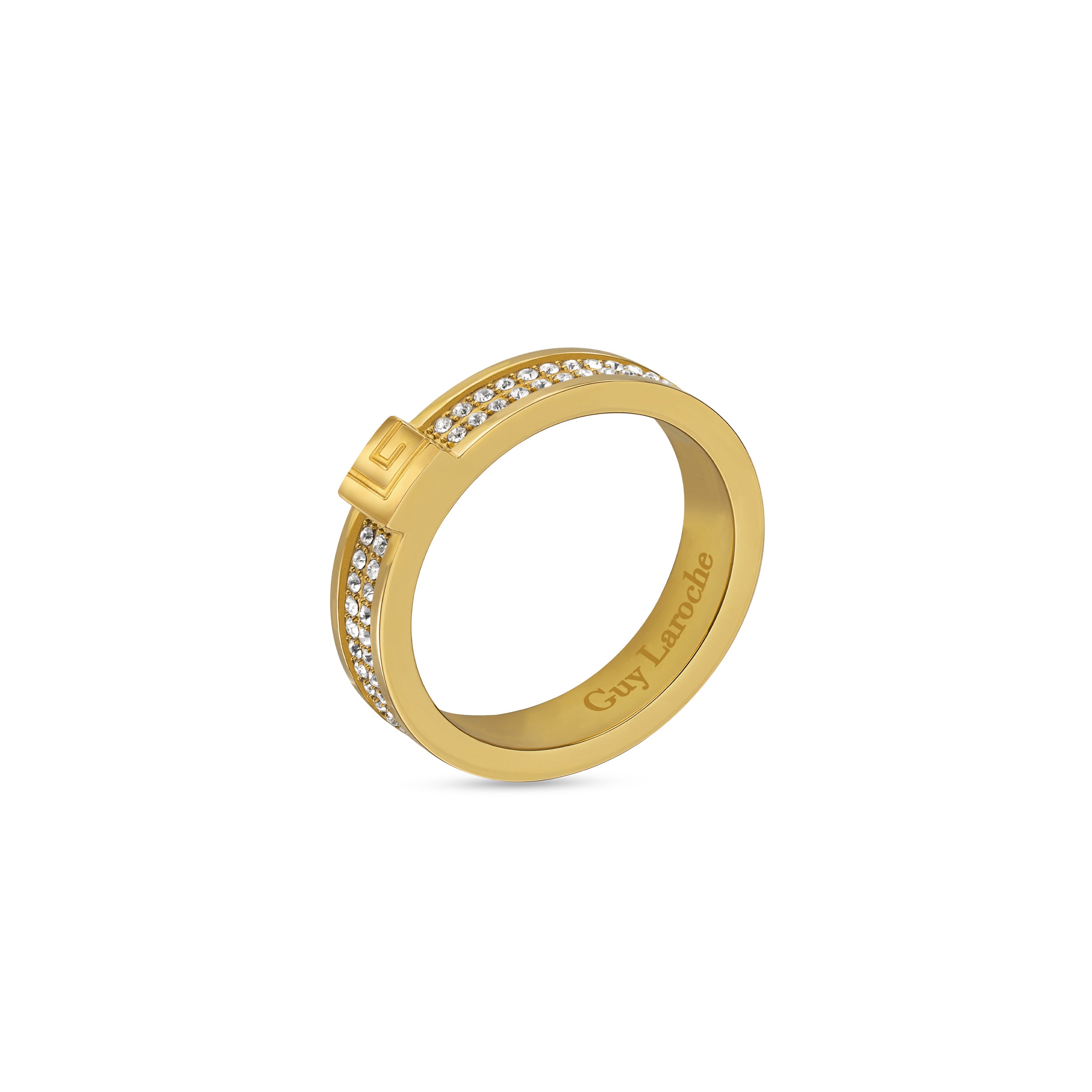 Gold-toned metallic band ring with two rows of clear crystals and a square geometric motif on top, engraved with 'Guy Laroche