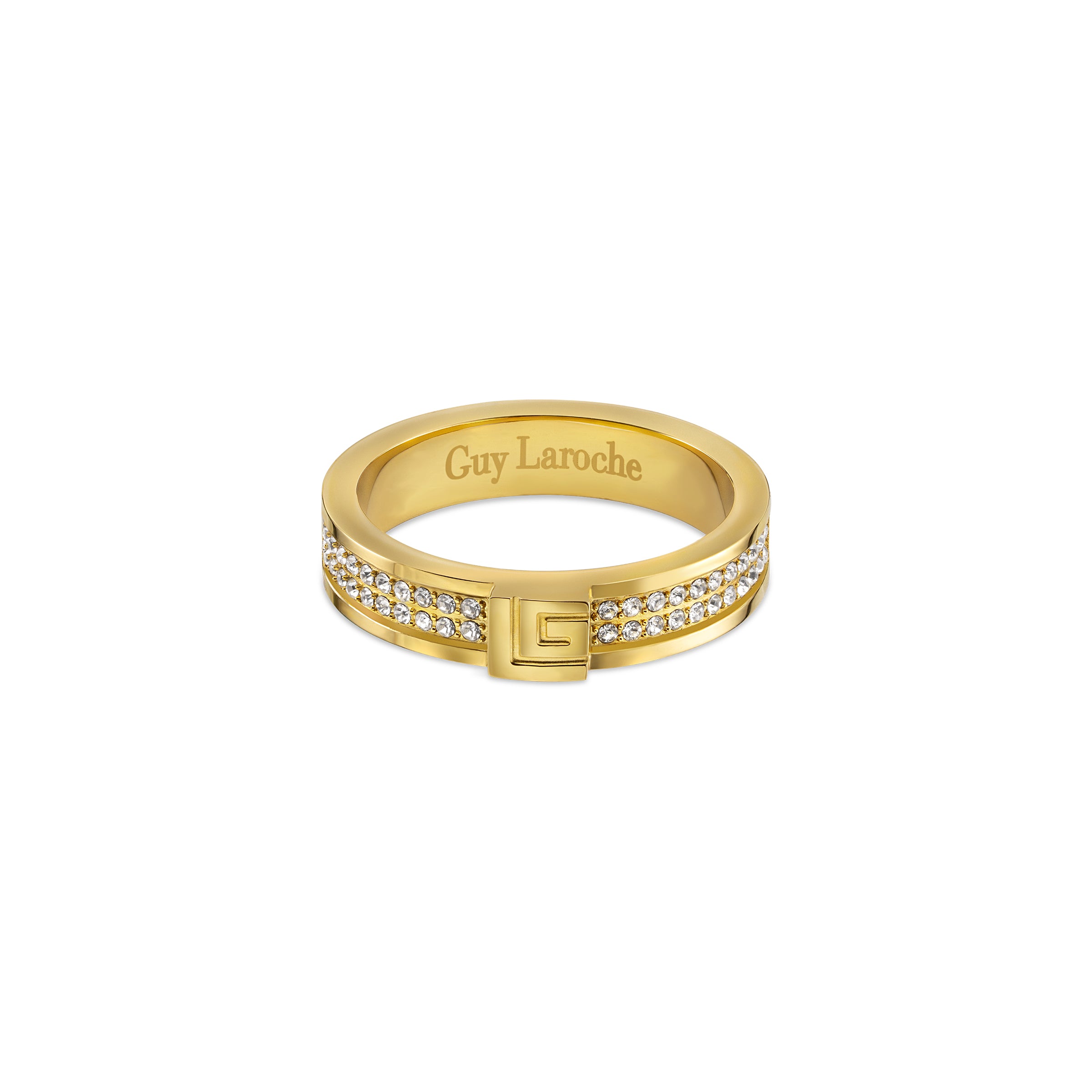 Gold-toned band ring with two rows of clear crystals and a raised "G" logo on the front. "Guy Laroche" engraved inside.
