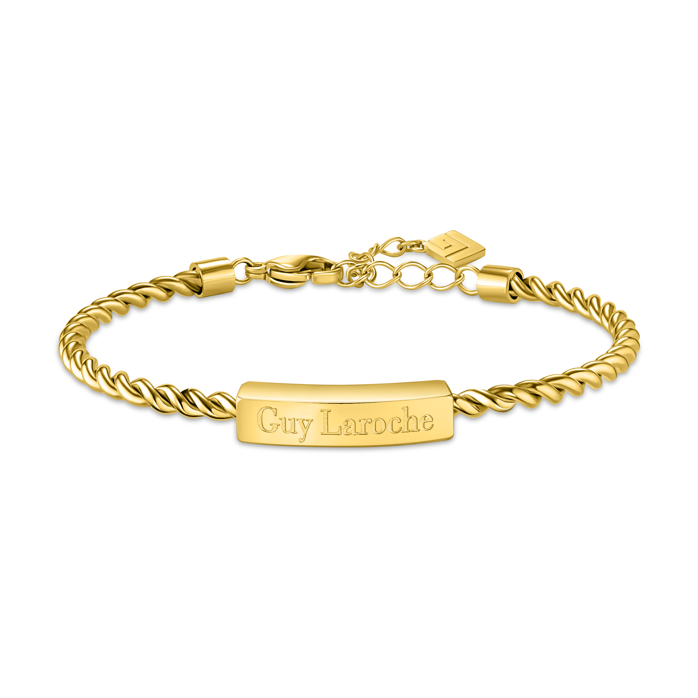 Gold-toned twisted wire bracelet with a central curved bar engraved 'Guy Laroche', featuring a lobster clasp and extender cha
