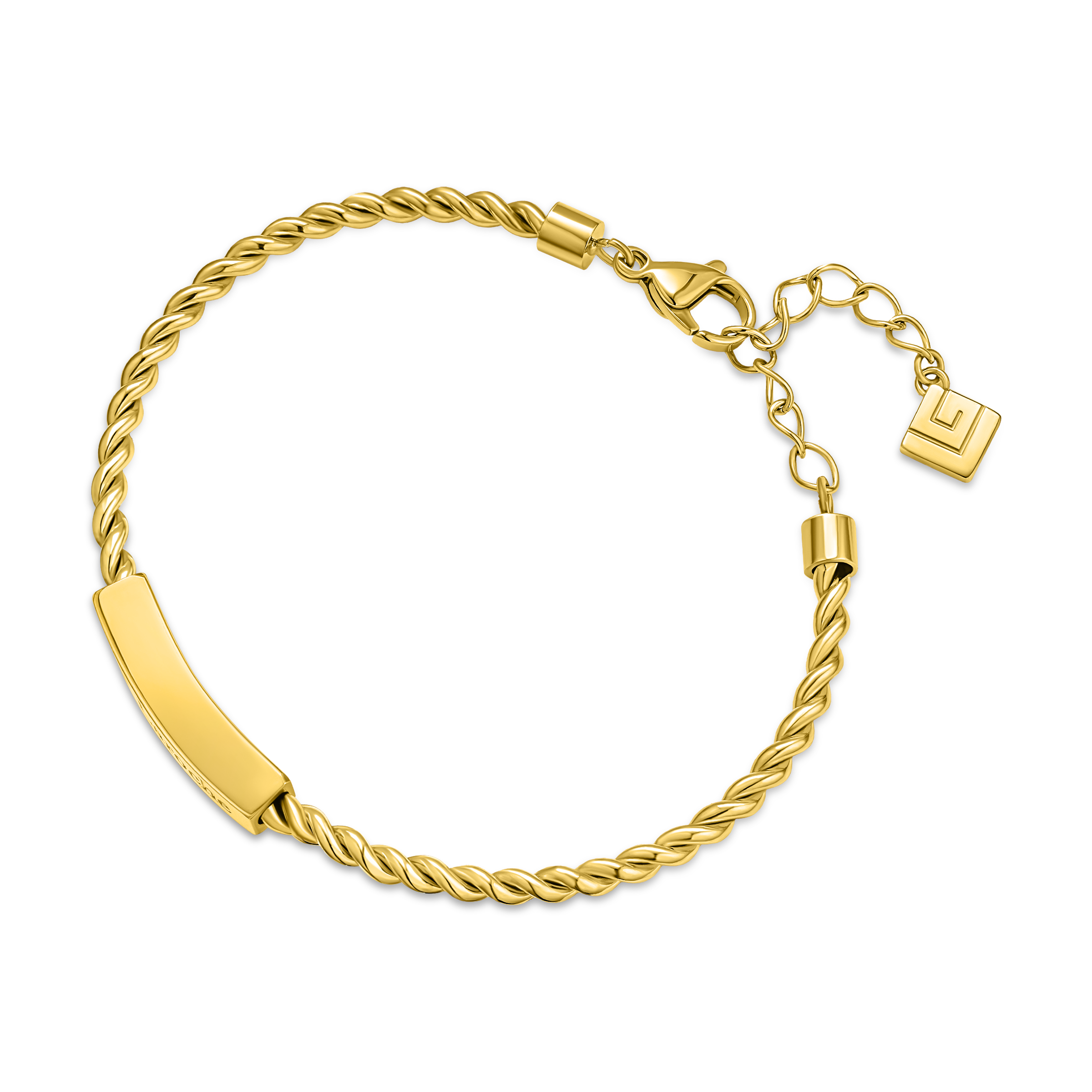 Gold-toned twisted wire bracelet with a smooth, curved rectangular bar and a lobster clasp with an extender chain and logo ch