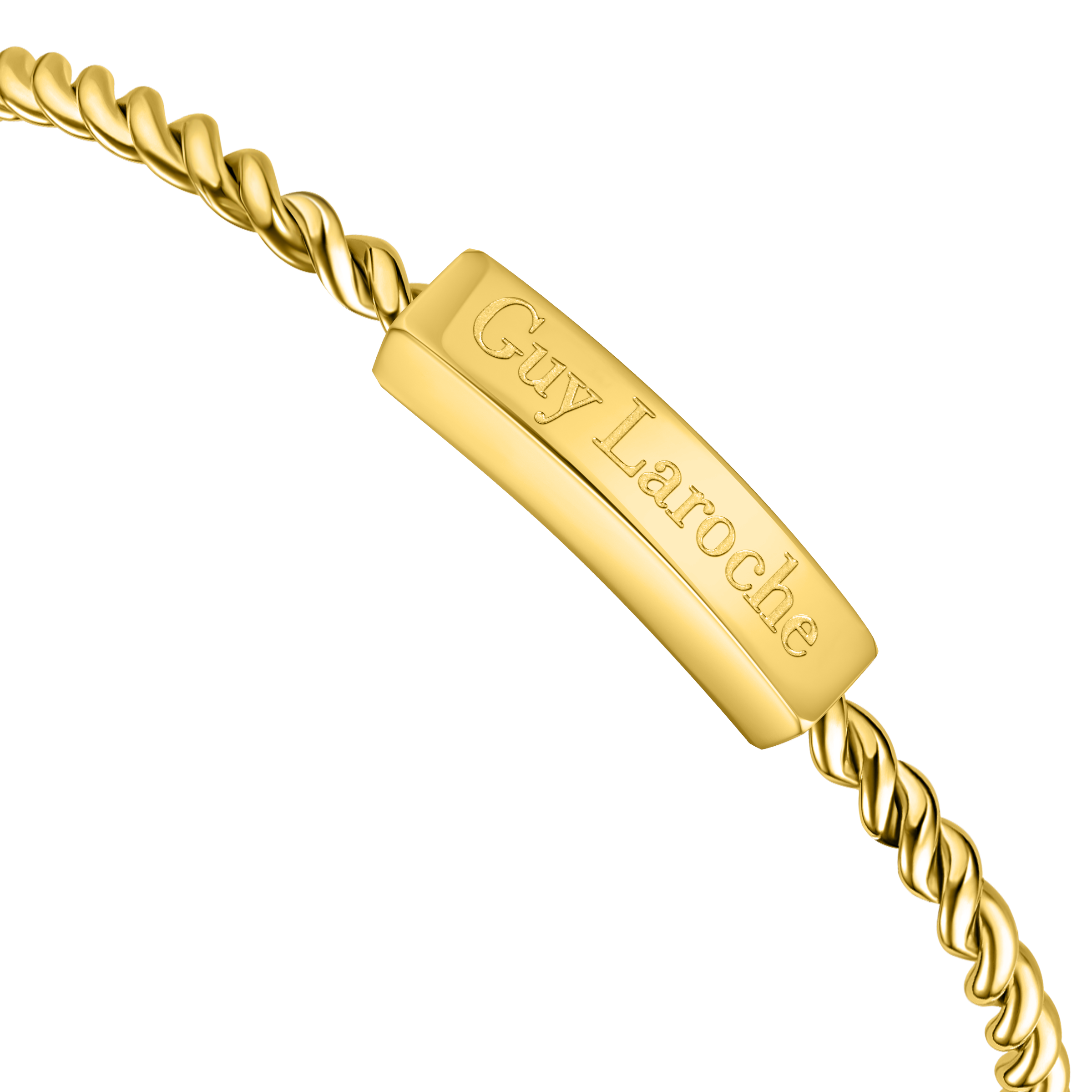Gold-toned bangle with a twisted wire design and a central curved bar engraved with 'Guy Laroche'.
