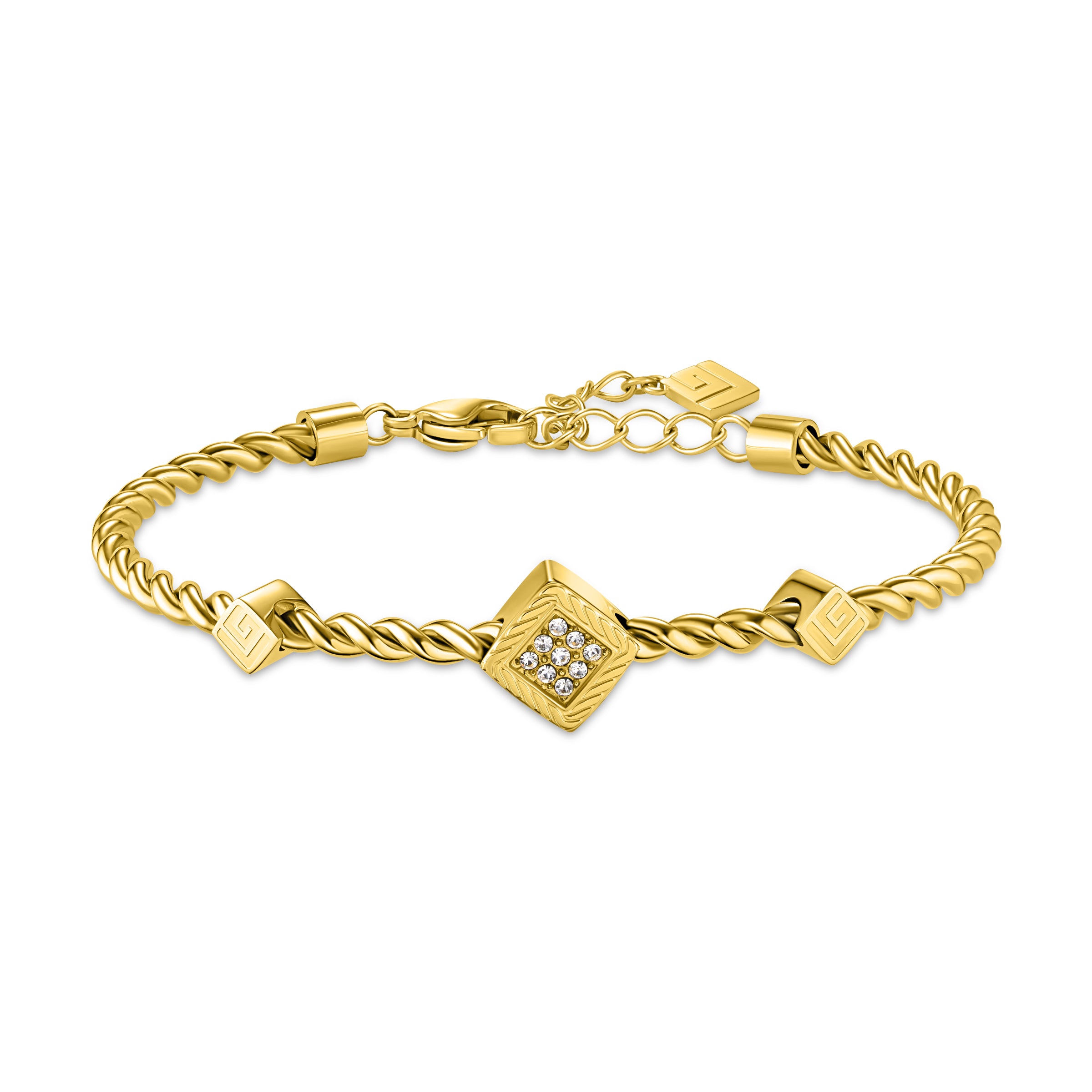 Gold-toned twisted wire bangle bracelet with a central square crystal-set charm and two outer engraved square charms.