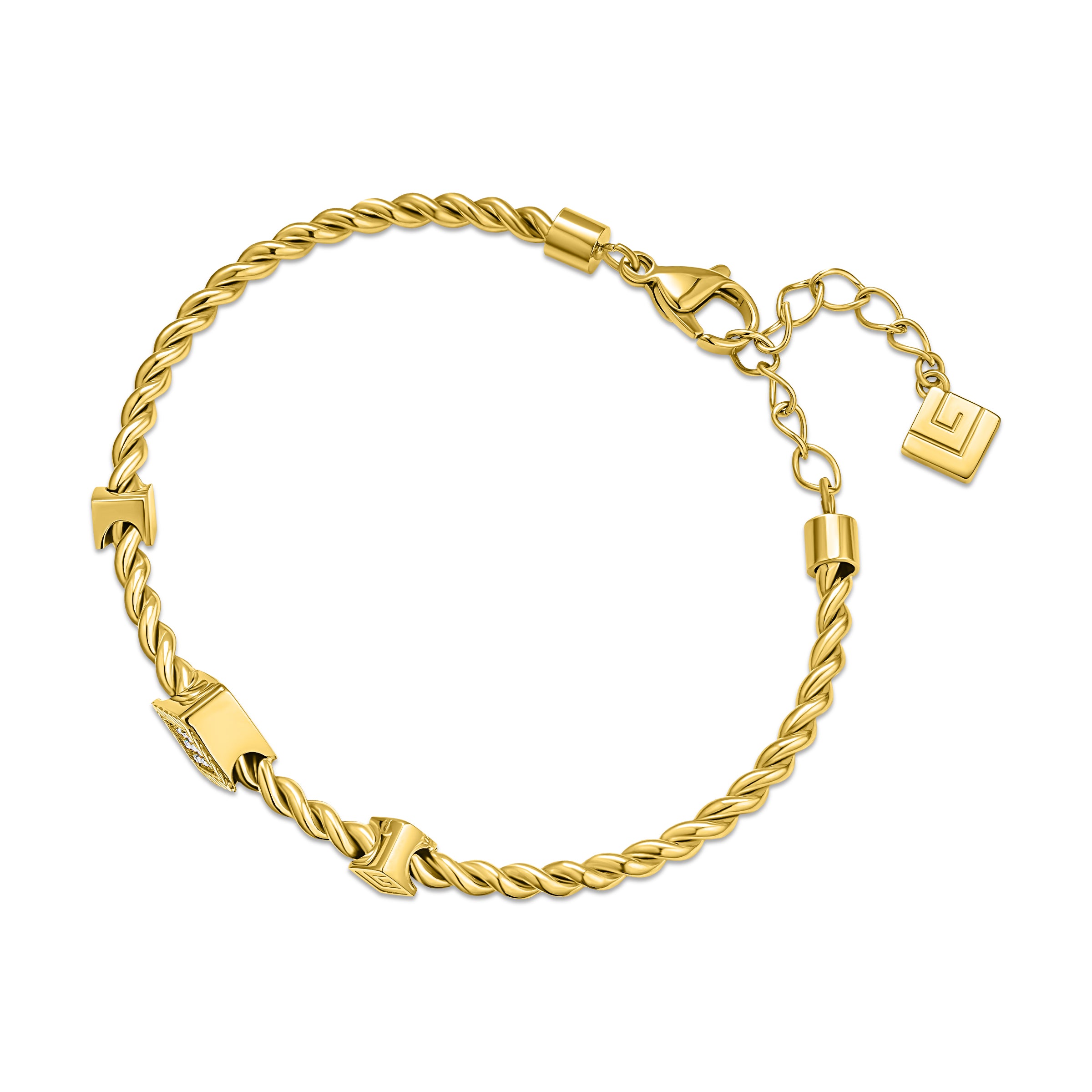 Gold-toned twisted wire bracelet with three rectangular spacers; one crystal-studded, two with G-emblem. Lobster clasp, exten