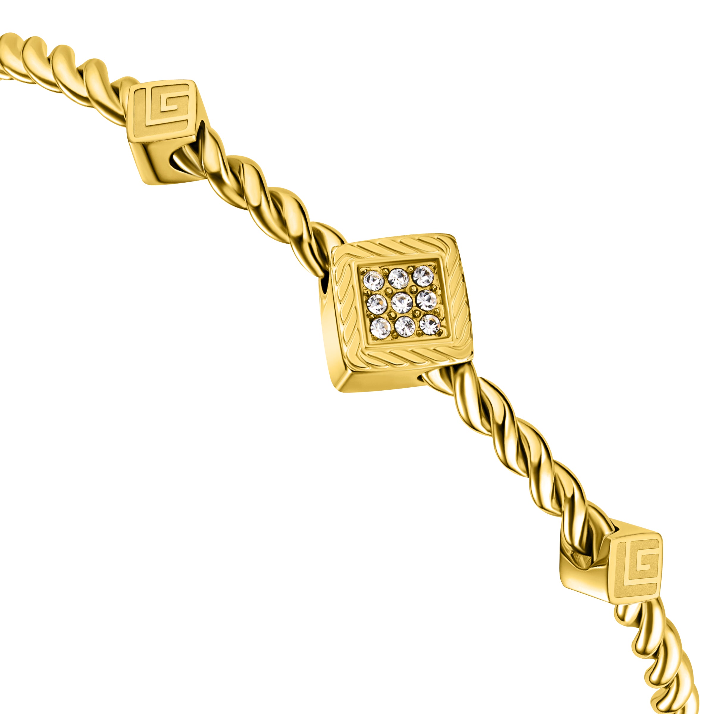 Gold-toned twisted bangle with square elements, one featuring 9 clear crystals, others with an engraved G logo.