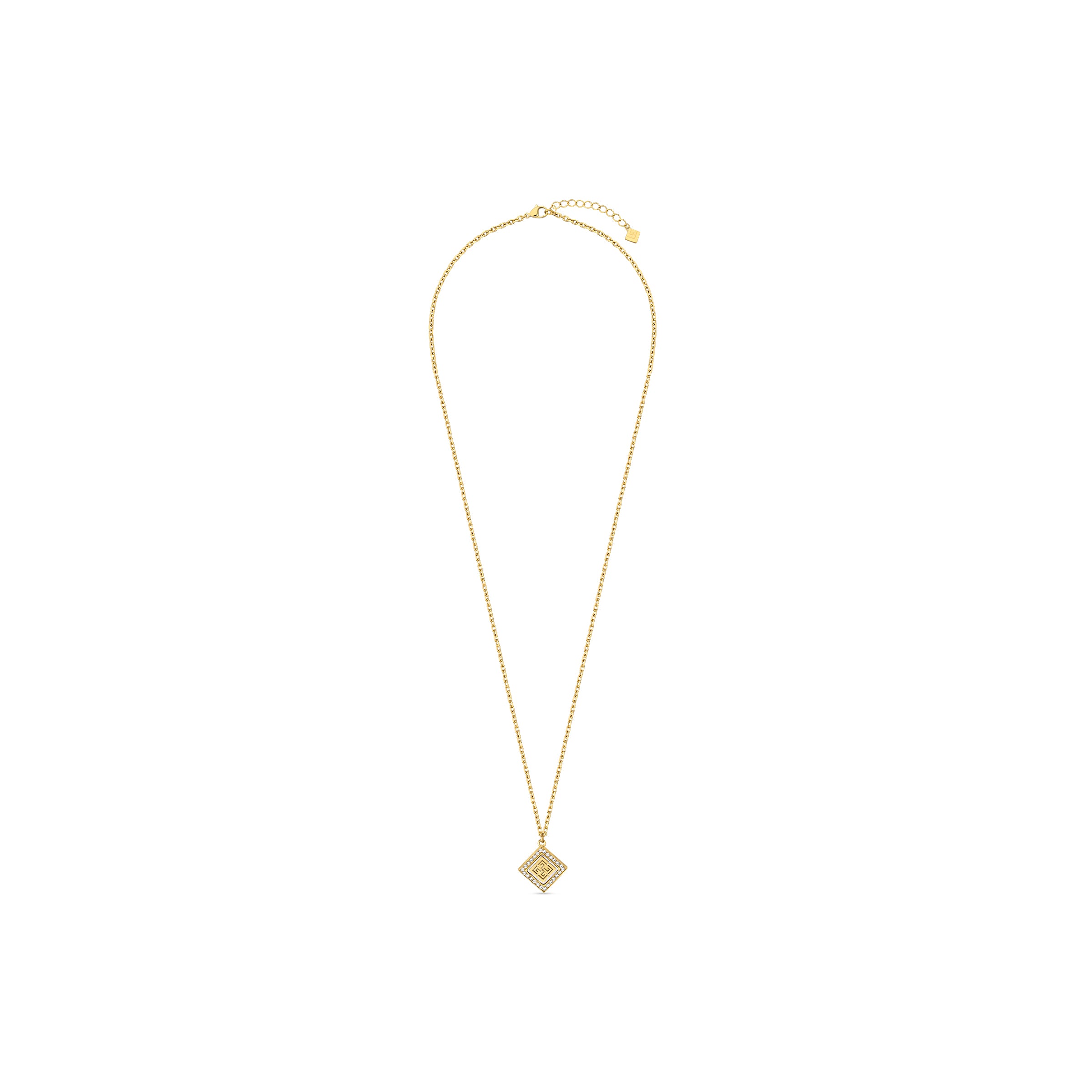 Gold-toned delicate chain necklace with a square pendant featuring a white mother of pearl inlay and clear crystal border.
