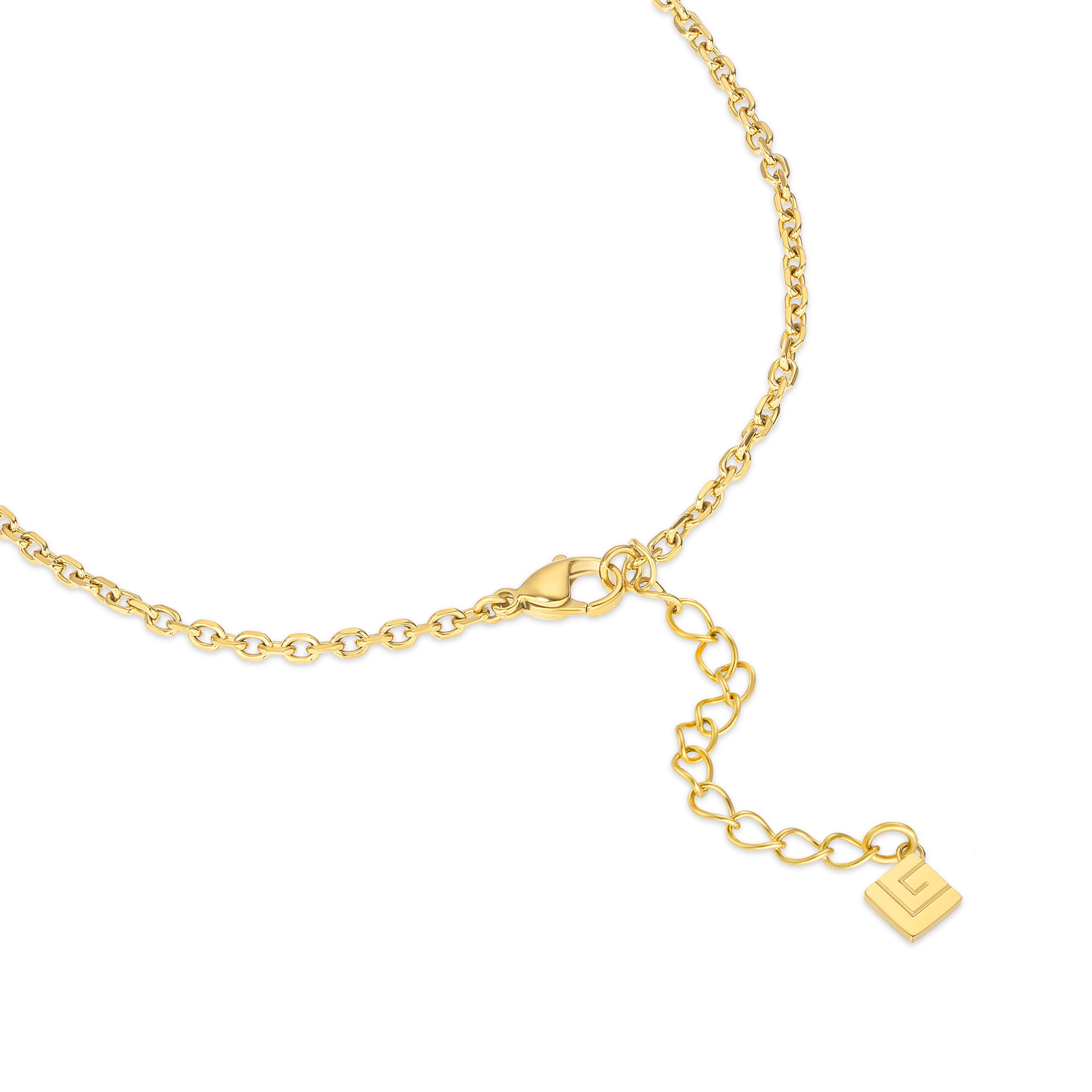 Gold-toned necklace with oval chain links, a lobster clasp, an extender chain, and a square G-logo charm.