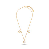 Gold-toned chain necklace with three circular mother-of-pearl pendants in gold-toned textured bezels, interspersed with clear