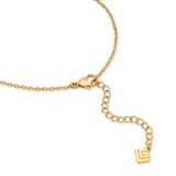 Gold-toned chain with a lobster clasp, an extender chain, and a square charm featuring a G logo.