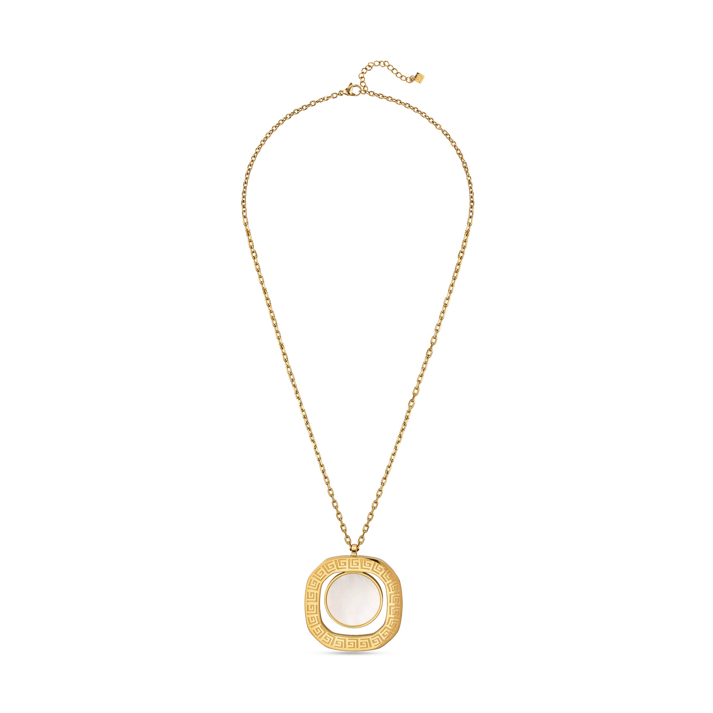 Gold-toned necklace with a fine link chain. The square pendant has rounded corners, a Greek key pattern frame, and a circular