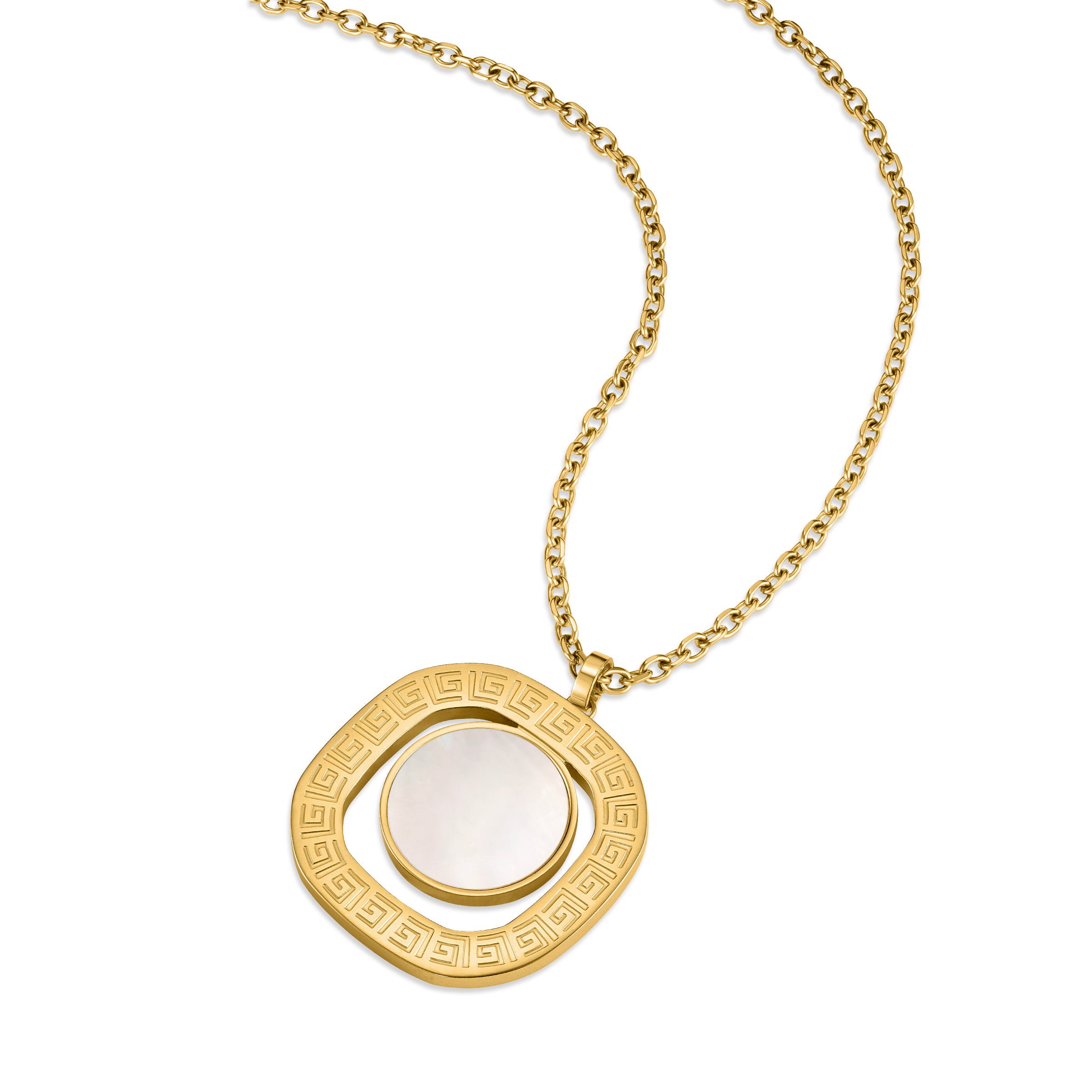 Gold-toned necklace with a square-shaped pendant featuring a Greek key pattern and a central white mother-of-pearl disc.