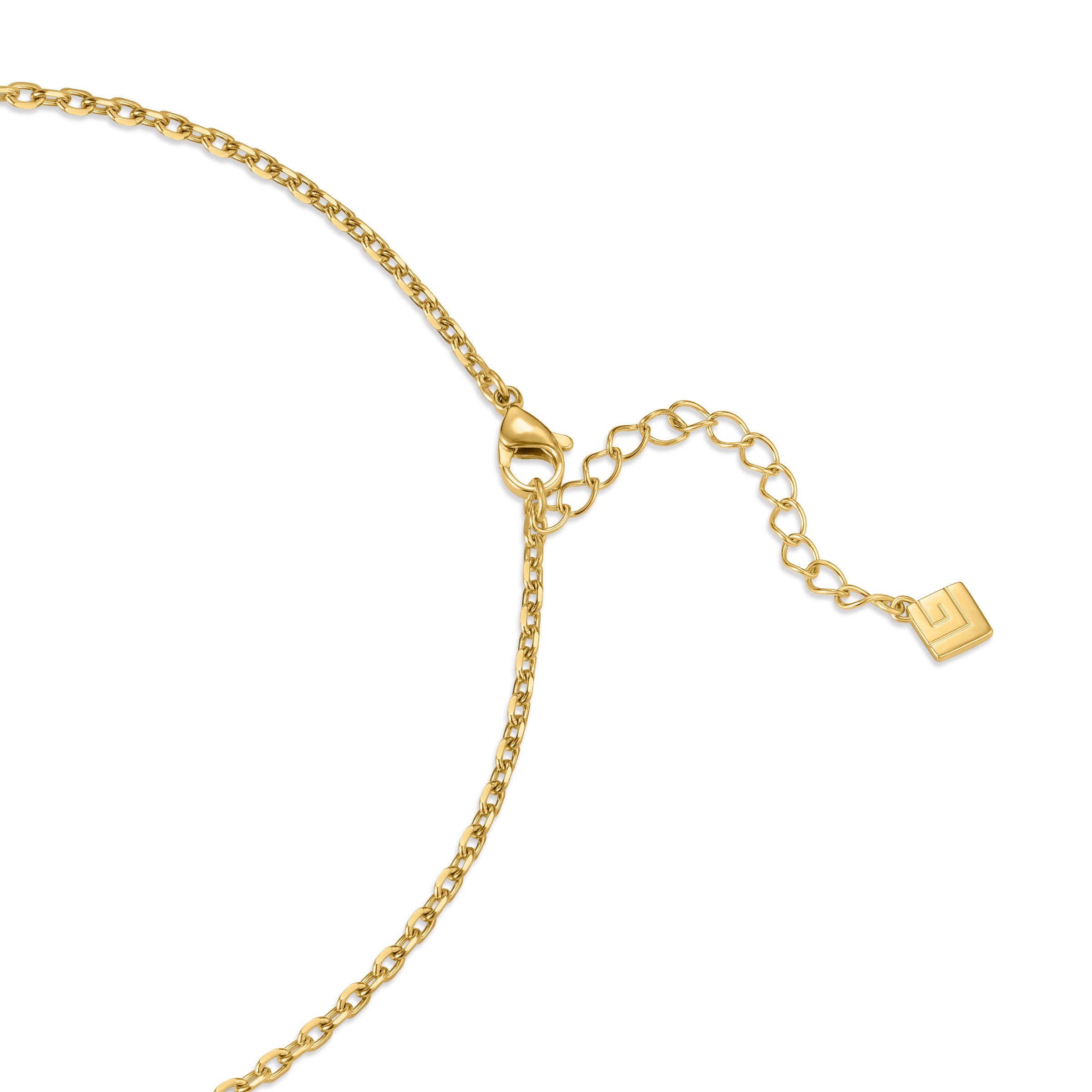 Gold-toned necklace with a delicate link chain, lobster clasp, heart-link extender, and a square charm with a geometric logo.