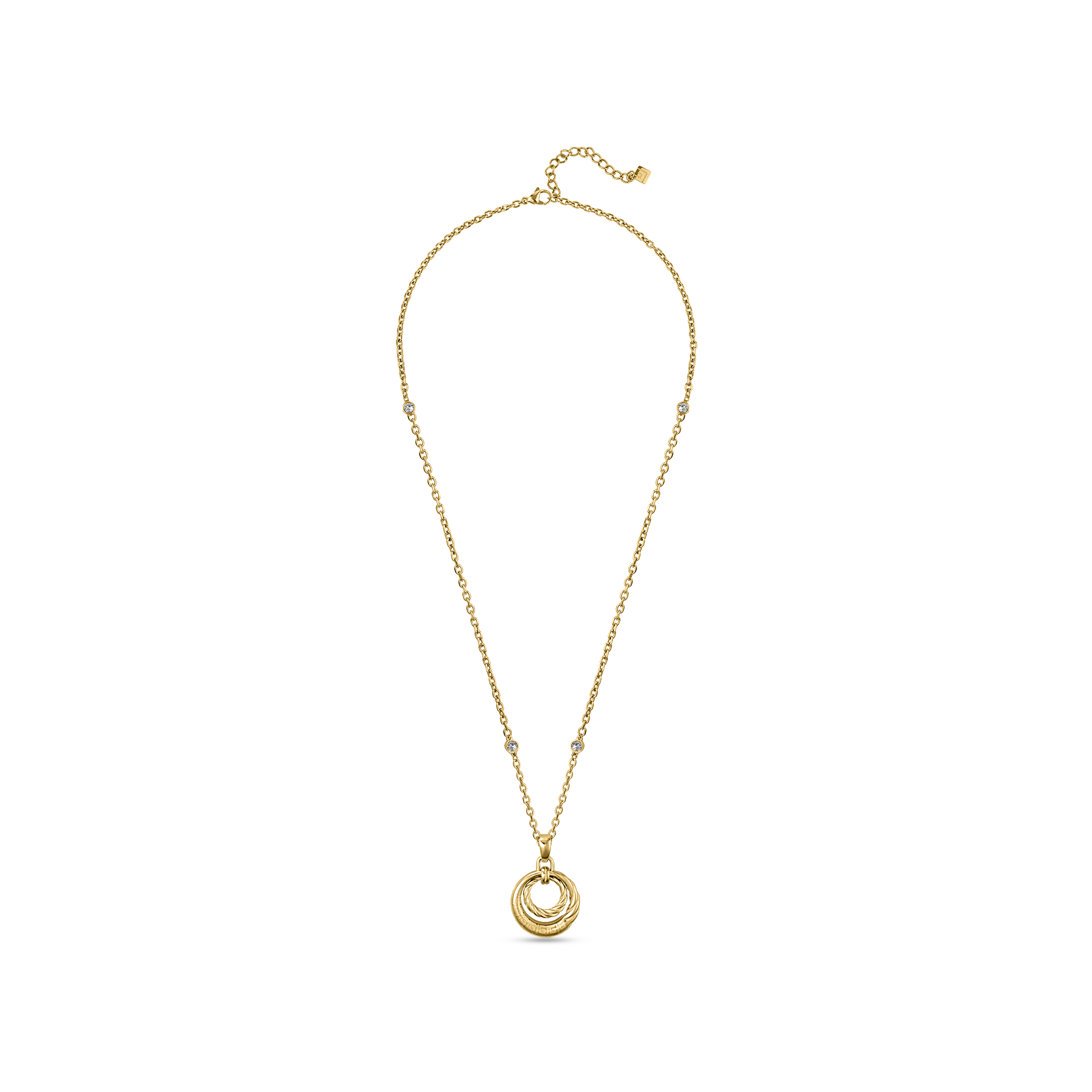Gold-toned necklace with a thin chain featuring small clear crystals. The pendant has three intertwined rings, one with a tex