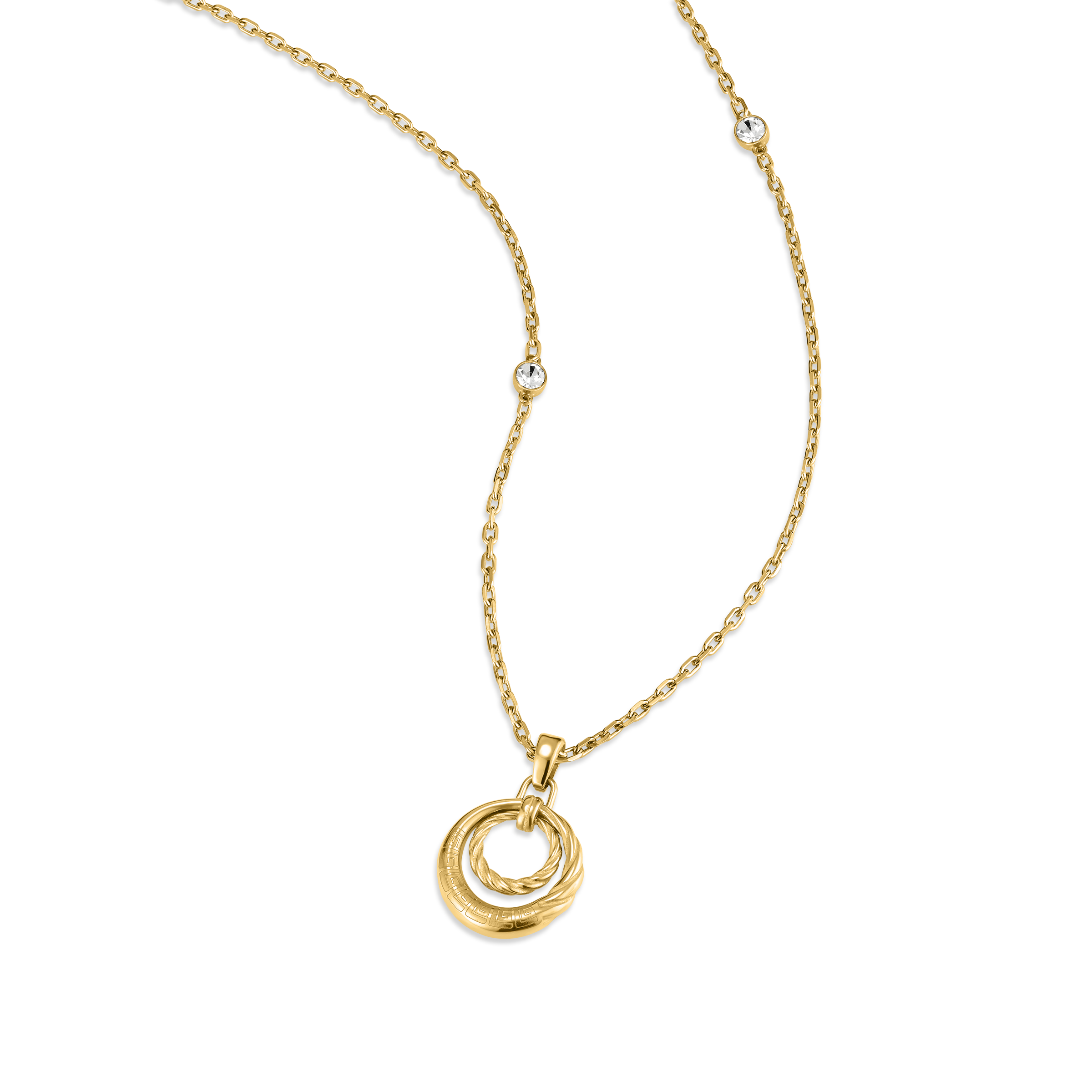 Gold-toned fine chain necklace with clear crystals and a dual-ring pendant, one ring twisted, the other smooth with a logo.