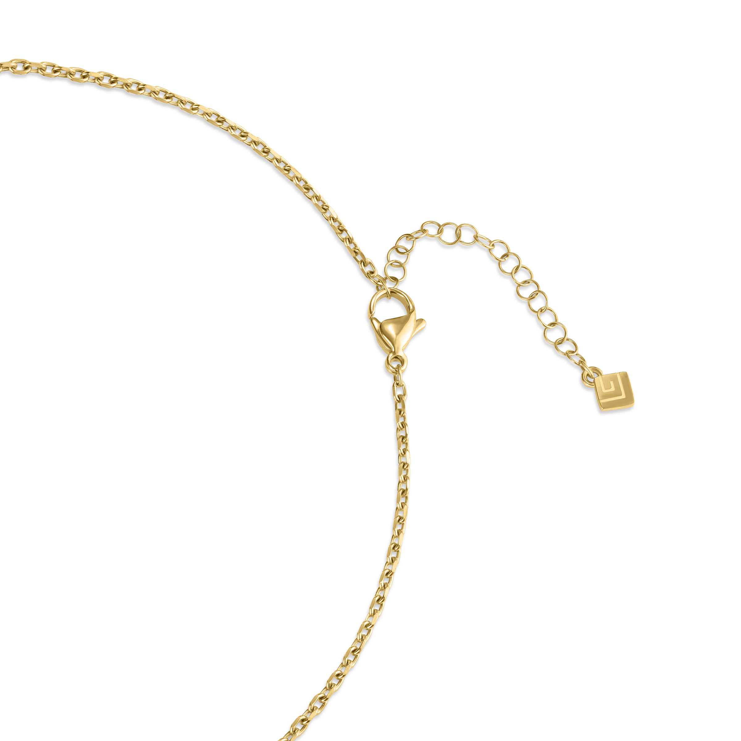 Gold-toned necklace with a lobster clasp, an extender chain, and a small square charm with a logo.