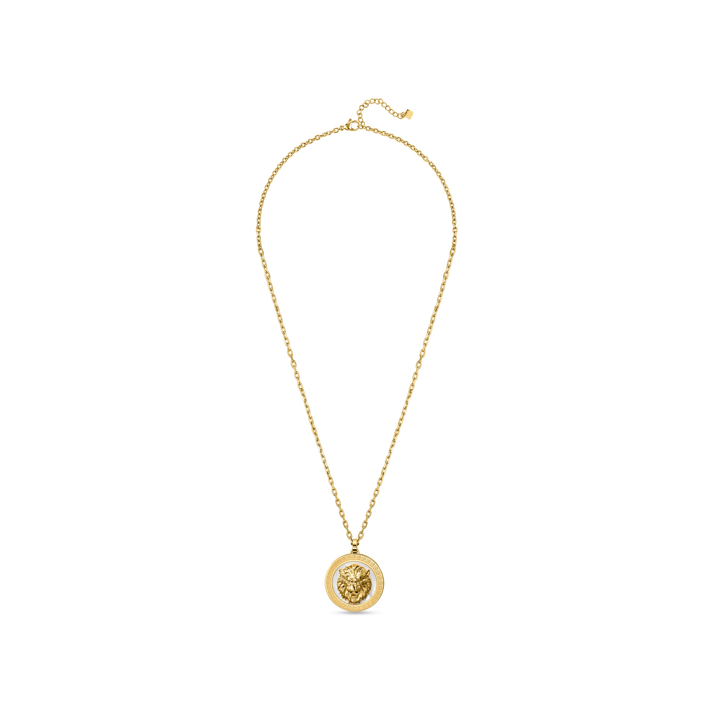 Gold-toned necklace with a round pendant featuring a raised lion's head and a white mother-of-pearl-like rim with Greek key p
