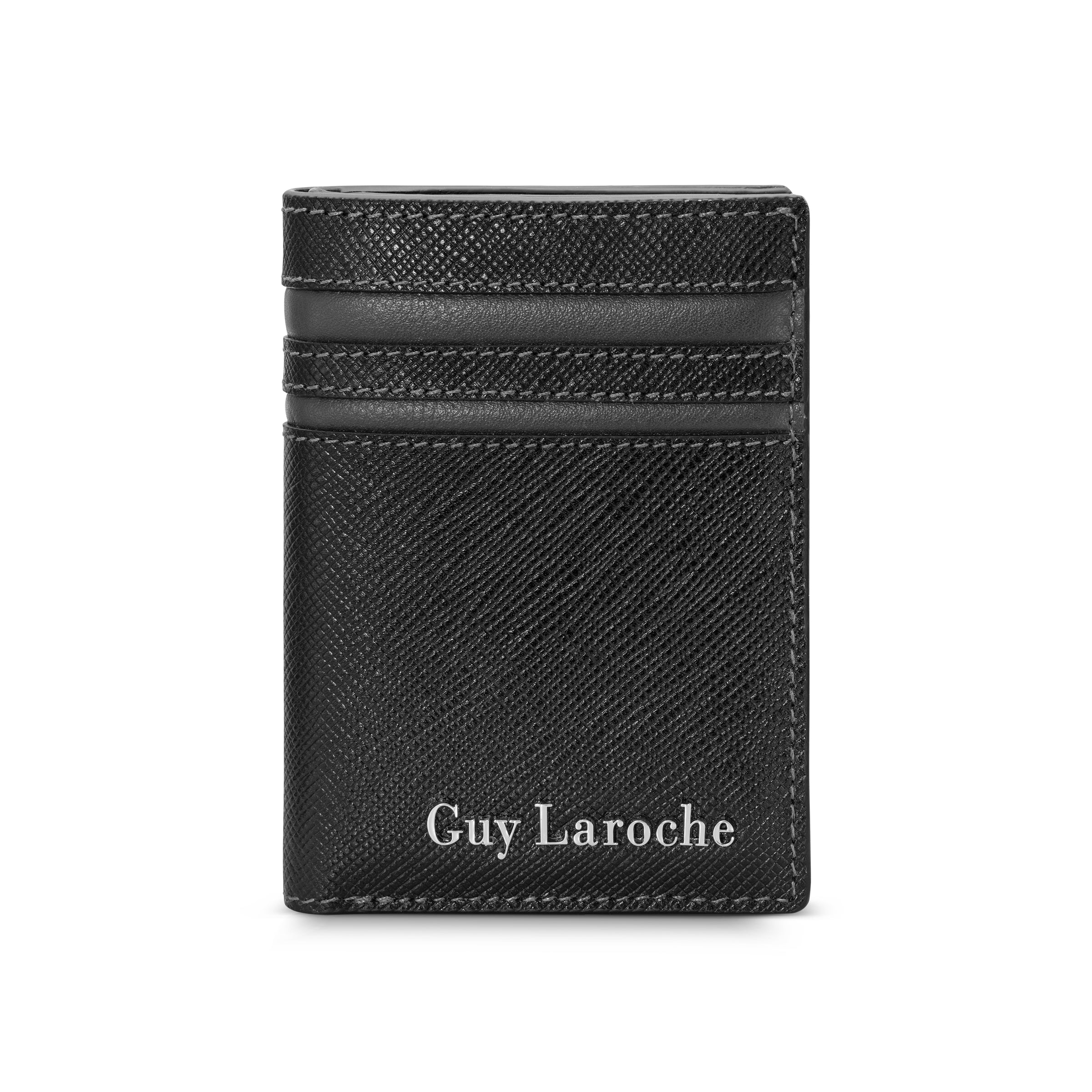 Black vegan leather card case with a cross-hatch texture, multiple card slots, and a white Guy Laroche logo.