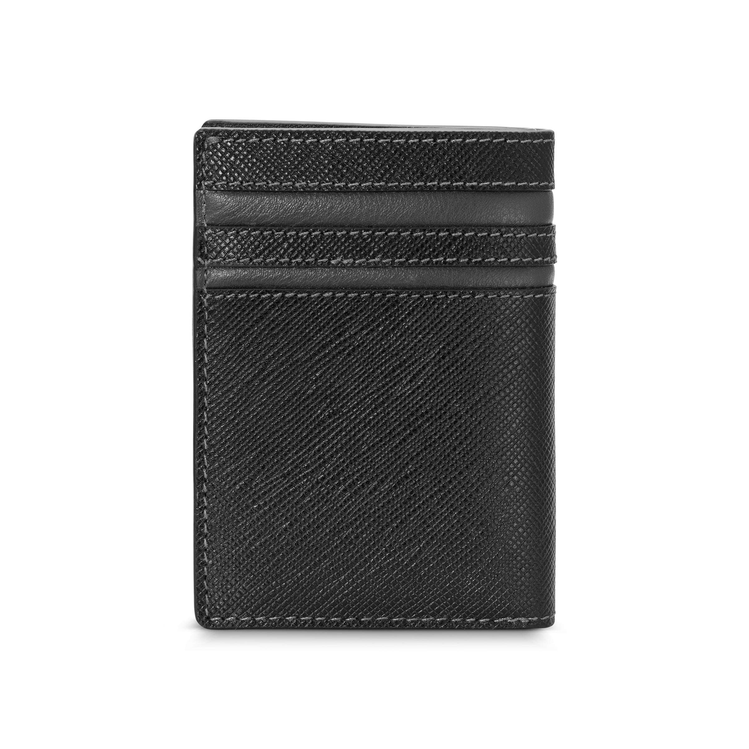 Black textured vegan leather card case with three horizontal card slots and dark grey stitching.
