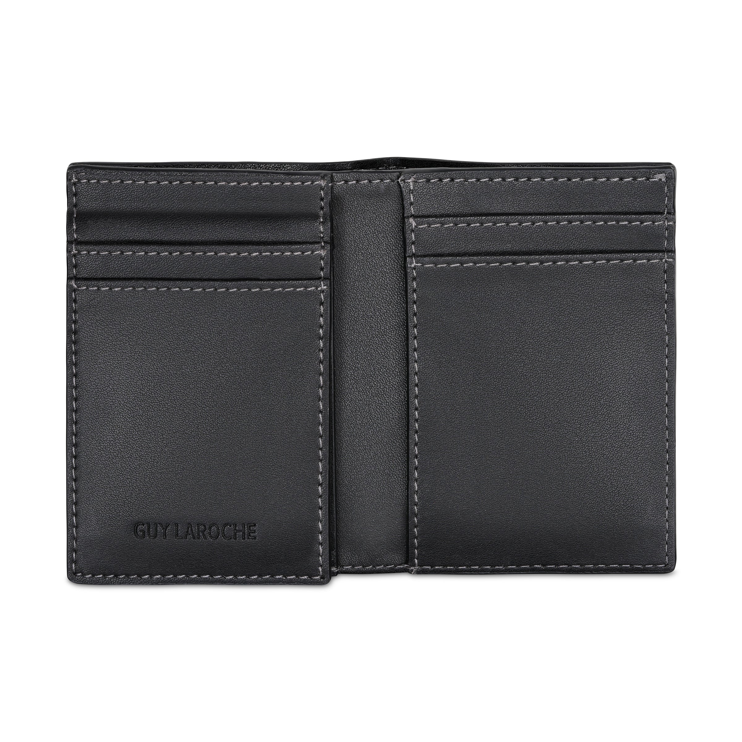 Black vegan leather bifold card case with grey contrast stitching. Features two card slots on each side and "GUY LAROCHE" log