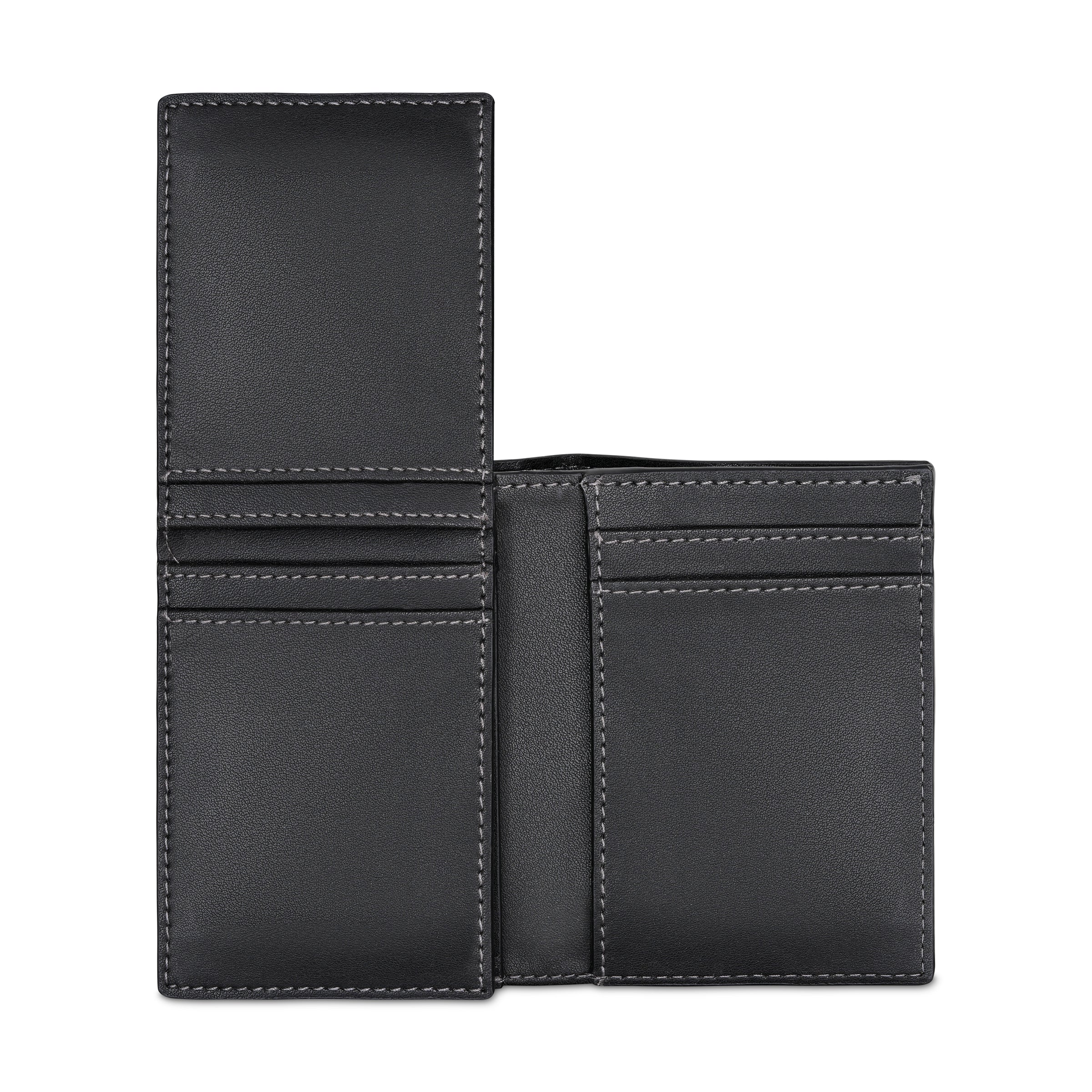 Black vegan leather card case, open, with light grey contrast stitching. Features 3 card slots on left and 2 on right.