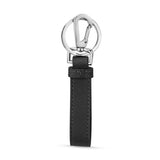 Black textured leather keyring with a silver-toned carabiner clip and circular key ring, connected by a rectangular swivel.
