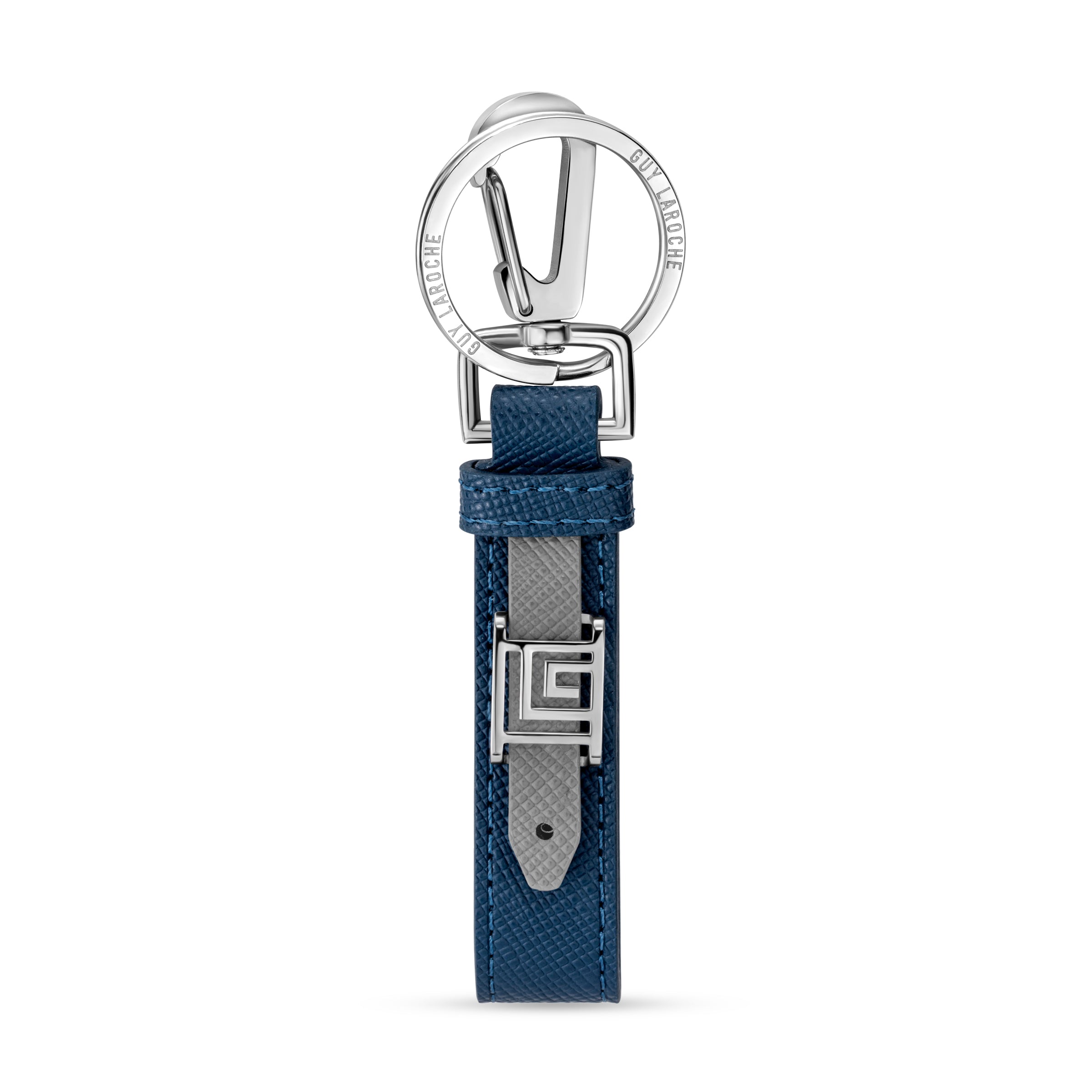 Guy Laroche keyring with a blue cross-hatch textured leather strap, a grey smooth leather accent, and silver-toned metal hard
