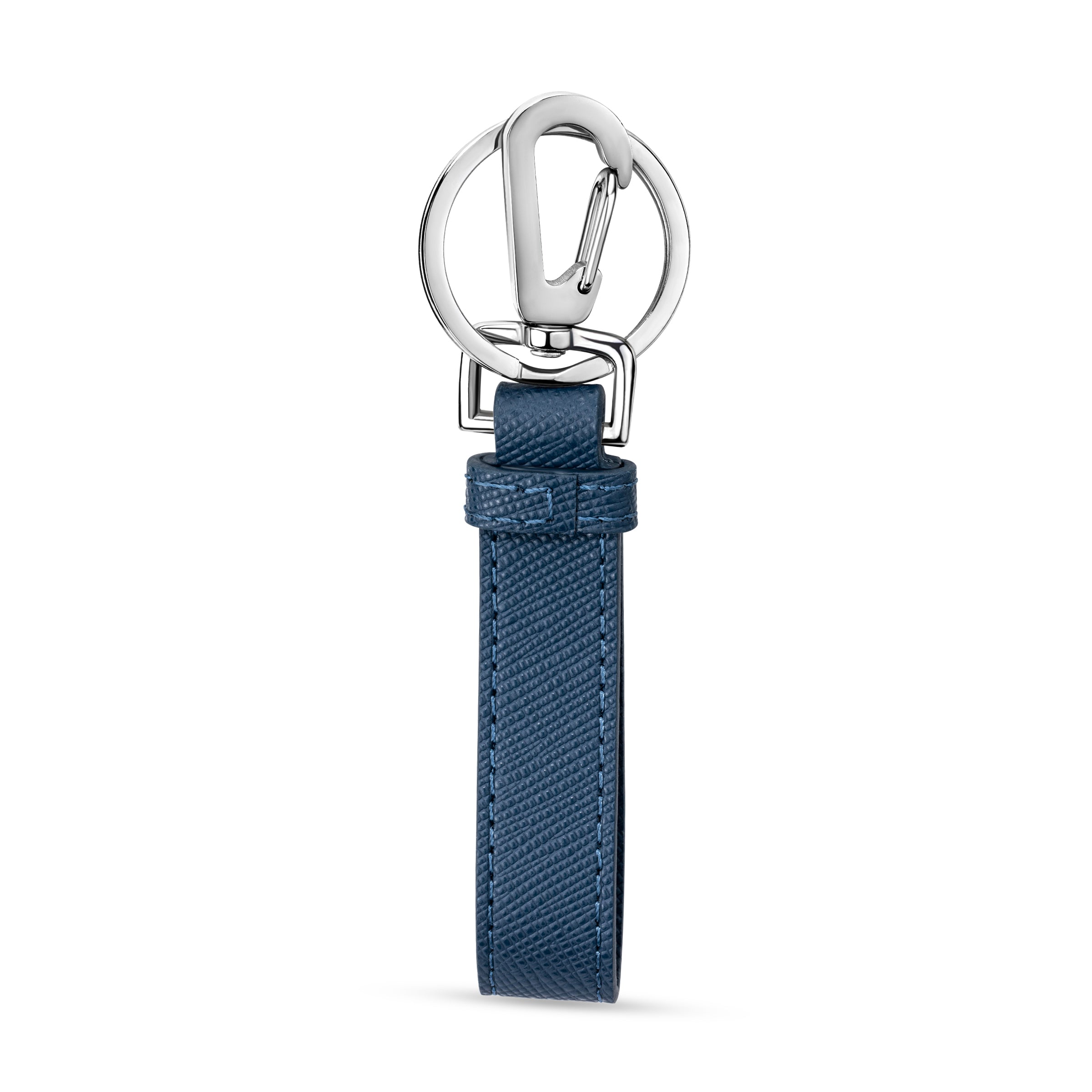 Silver-toned keyring with a carabiner clip attached to a blue textured leather strap with visible stitching.