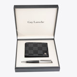 Black bifold wallet with dark grey geometric pattern and silver-toned emblem, with a black pen featuring a silver-toned textu