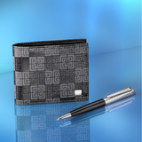 Black and gray geometric pattern bifold wallet with silver-toned emblem, and a black pen with textured silver-toned trim.
