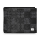 Black bifold vegan wallet with a dark gray geometric pattern of squares and "G" and "U" letters. Silver-toned "G" emblem.