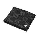 Black textured vegan bifold wallet with a repeating dark gray geometric pattern and a silver-toned rectangular emblem.