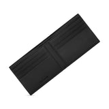 Black open bi-fold vegan leather wallet with multiple card slots and compartments. "Guy Laroche" logo embossed inside.