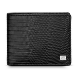 Black bifold wallet made from vegan leather, featuring a dual embossed texture and a silver-toned 'G' logo emblem.