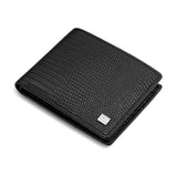 Black bi-fold wallet in textured vegan leather with a lizard-like pattern. Features a silver-toned square logo on the front.