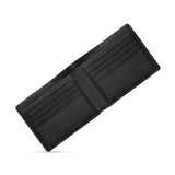 Black bifold wallet in pebbled vegan leather, open to reveal multiple card slots and a bill compartment with a subtle pattern