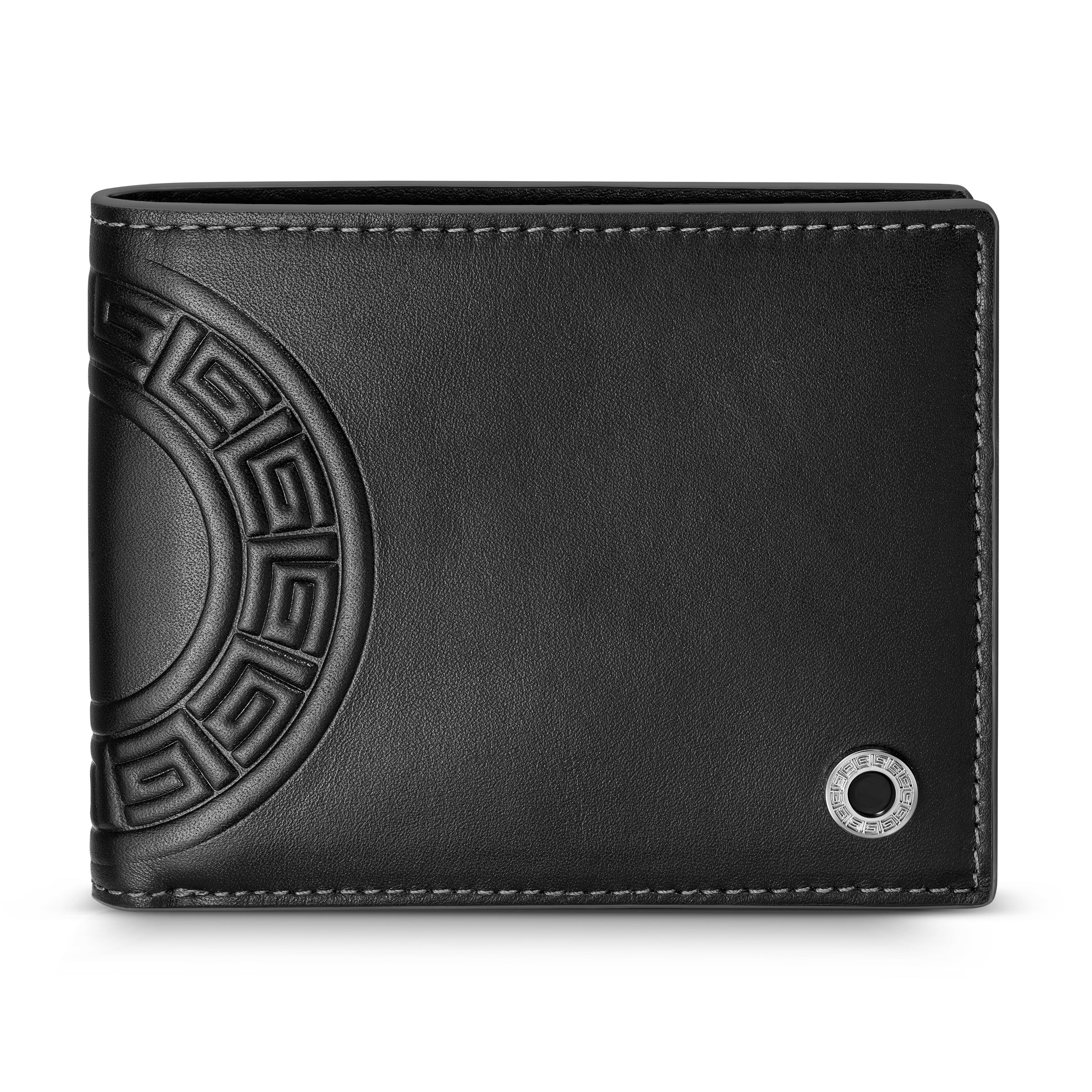 Black leather bi-fold wallet with an embossed geometric pattern on the left and a silver-toned metal eyelet on the right.