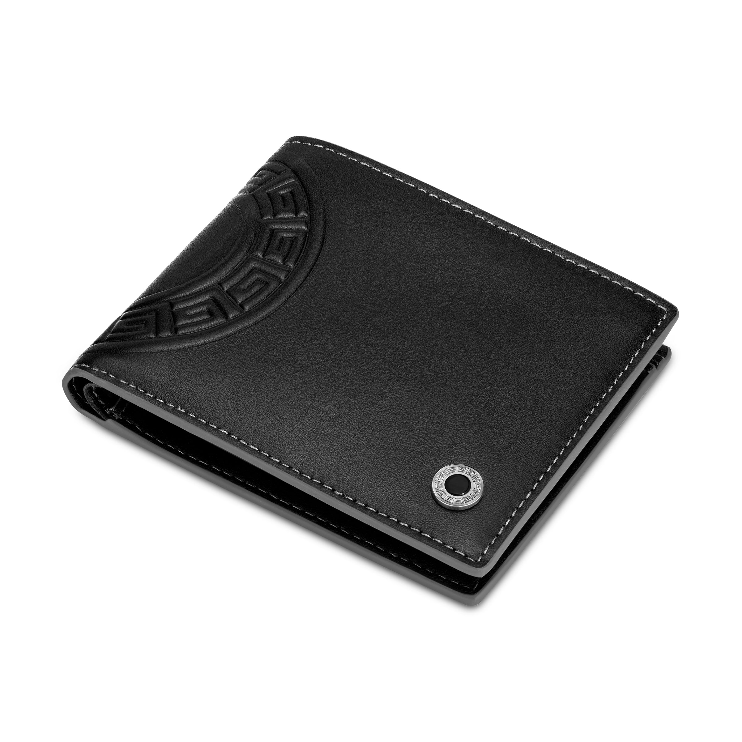 Black leather bifold wallet with an embossed circular pattern, white stitching, and a silver-toned stud with a black center.