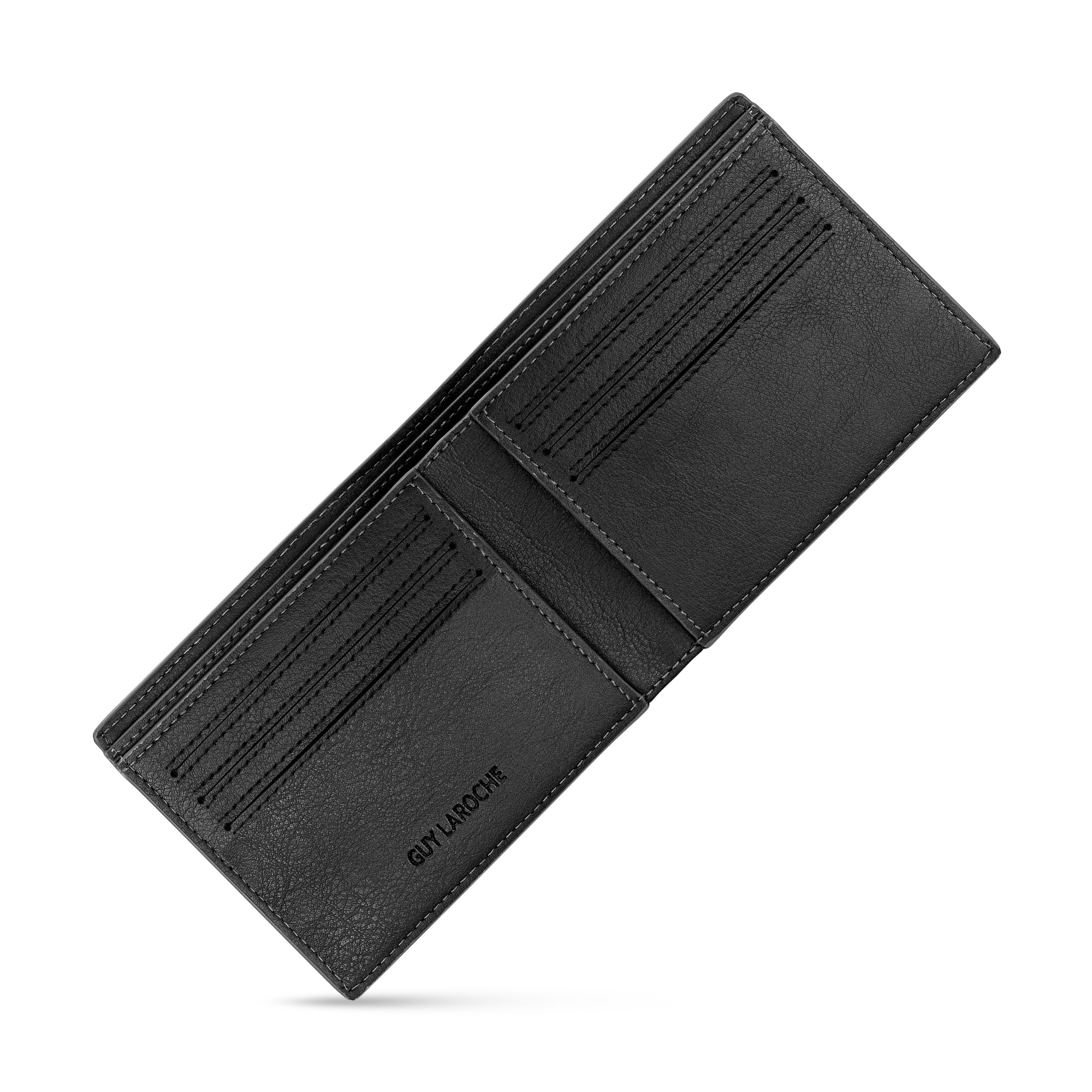 Open black textured leather bi-fold wallet with multiple card slots, compartments, grey stitching, and "GUY LAROCHE" embossed