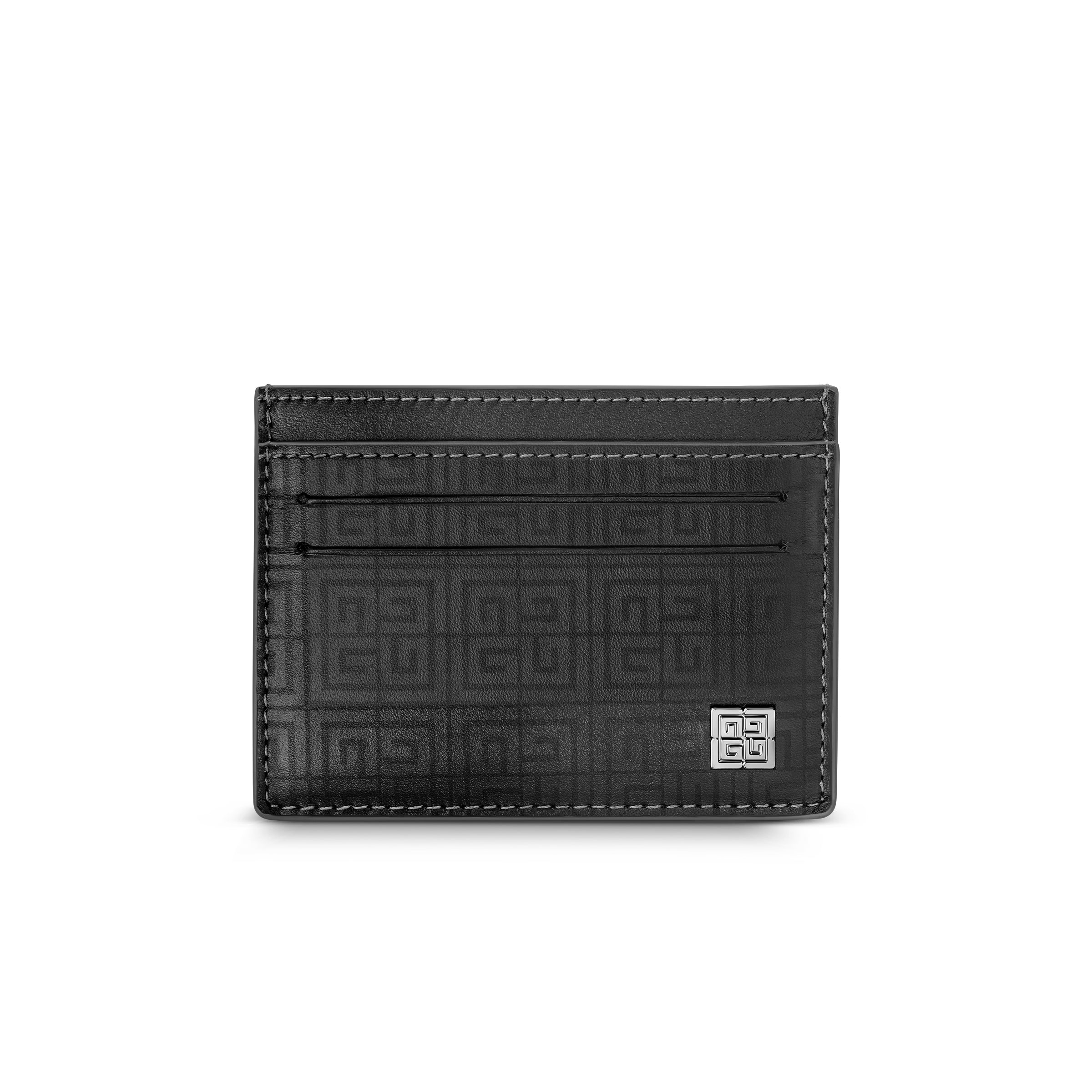 Black leather card case with a debossed geometric pattern, three card slots, and a silver-toned metallic brand emblem.
